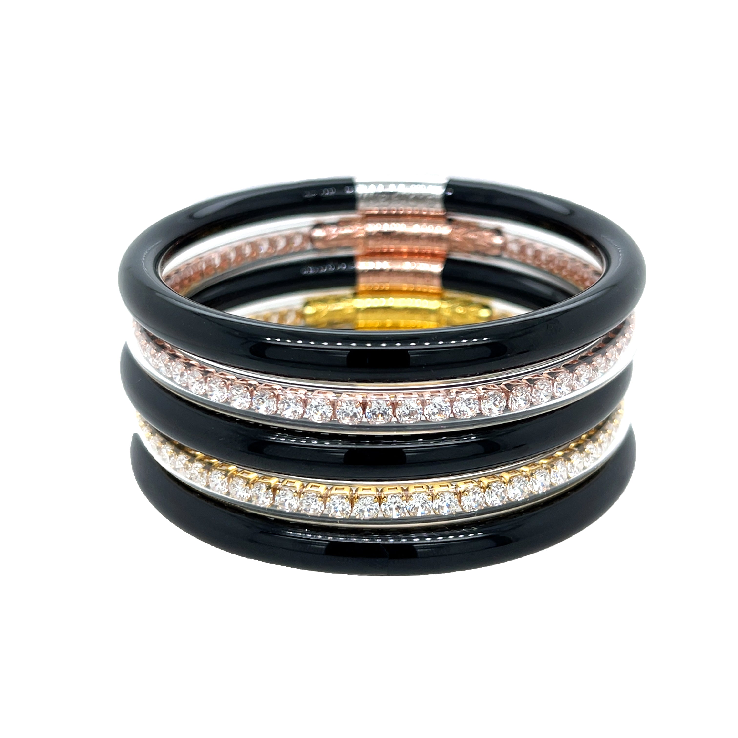 Black, Gold &amp; Rose Pave CZ Bangle Bracelet Set

A chic mix of flexible designer-grade resin, rose gold, and yellow gold tones, this bracelet stack features sparkling pavé detailing for a sleek, modern look. Perfect for stacking or wearing solo to elevate any outfit.

Yellow &amp; Rose Gold Plated
1.20" Long