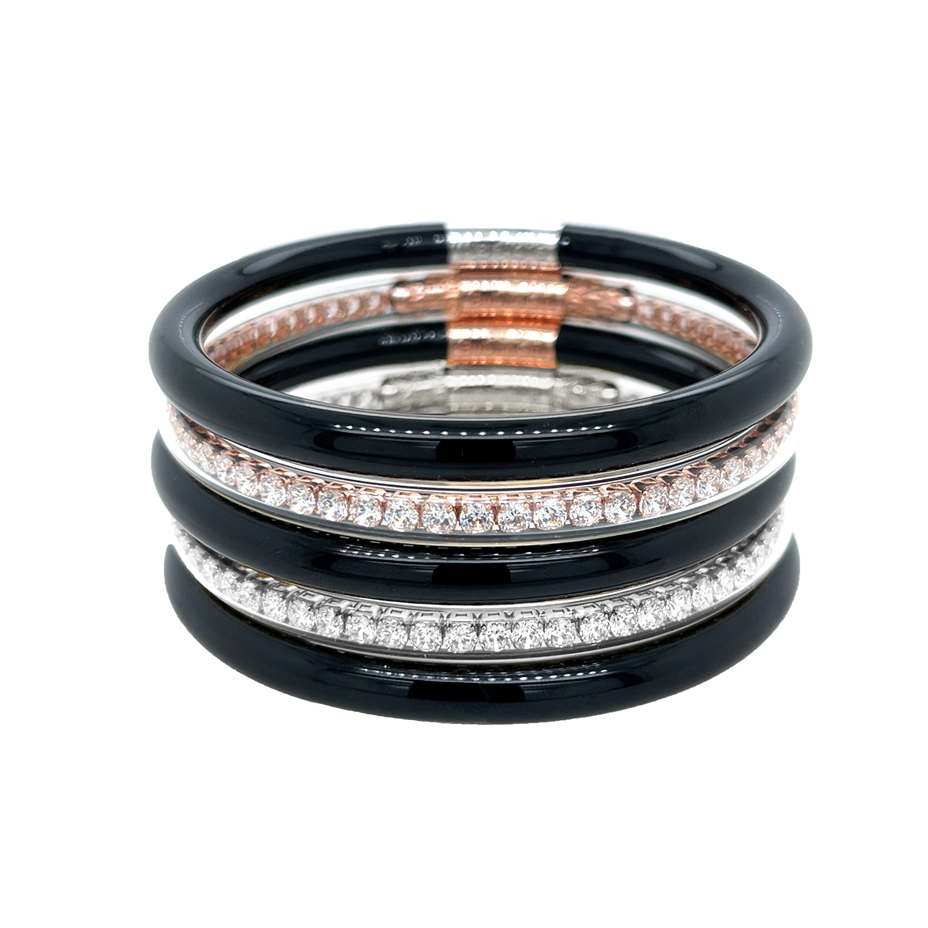 Black, Silver &amp; Rose Pave CZ Bangle Bracelet Set

A chic mix of flexible designer-grade resin, rose gold, and white gold tones, this bracelet stack features sparkling pavé detailing for a sleek, modern look. Perfect for stacking or wearing solo to elevate any outfit.

White &amp; Rose Gold Plated
1.20" Long