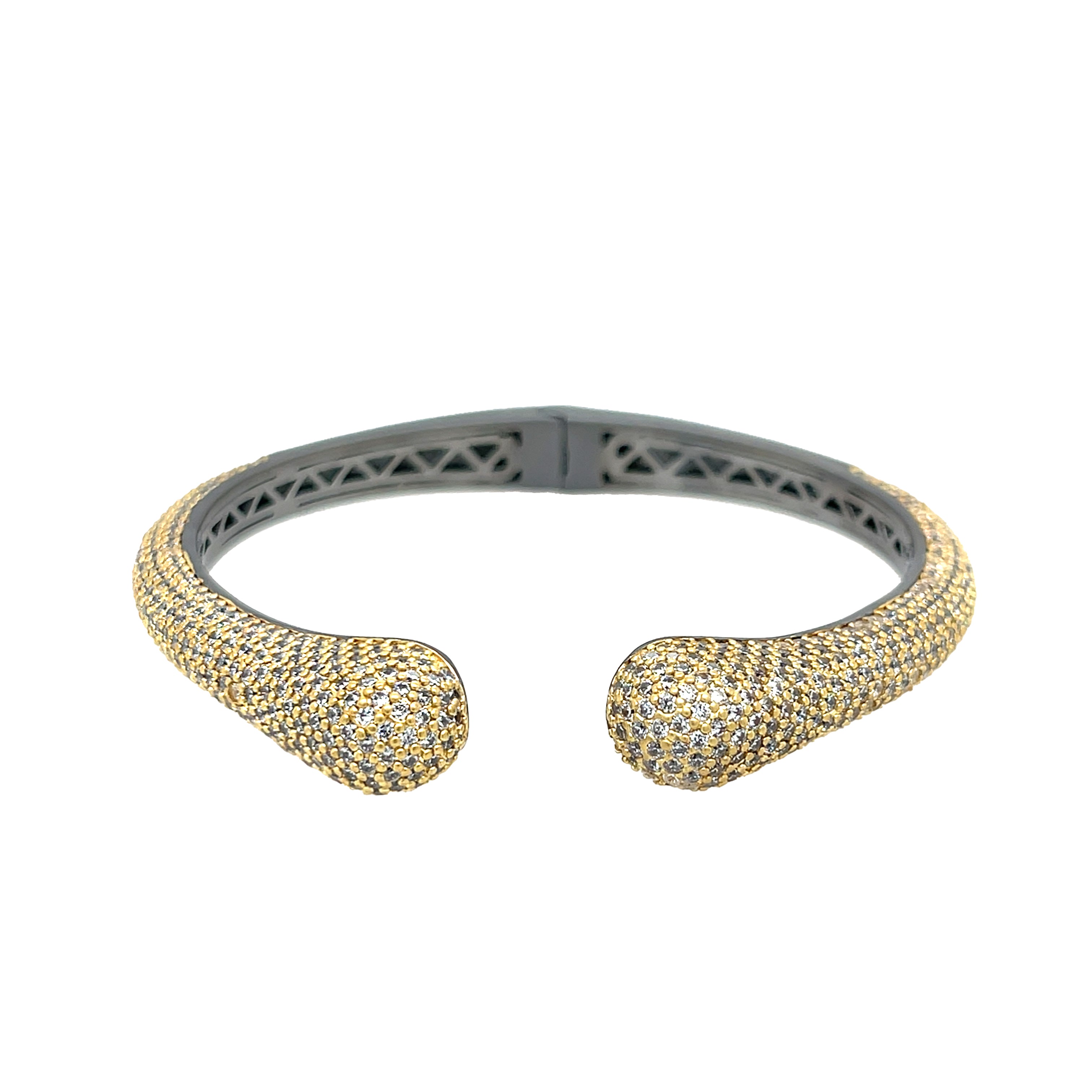 Yellow Gold-Plated Pave Round Tips Oxidized Gold Bangle Bracelet