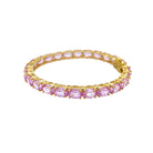 Oval Pink Sapphire &amp; White Topaz Tennis Bangle Bracelet

Yellow Gold Plated Over Silver&nbsp;
Cushion Cut Lab Pink Sapphire
0.23" Wide