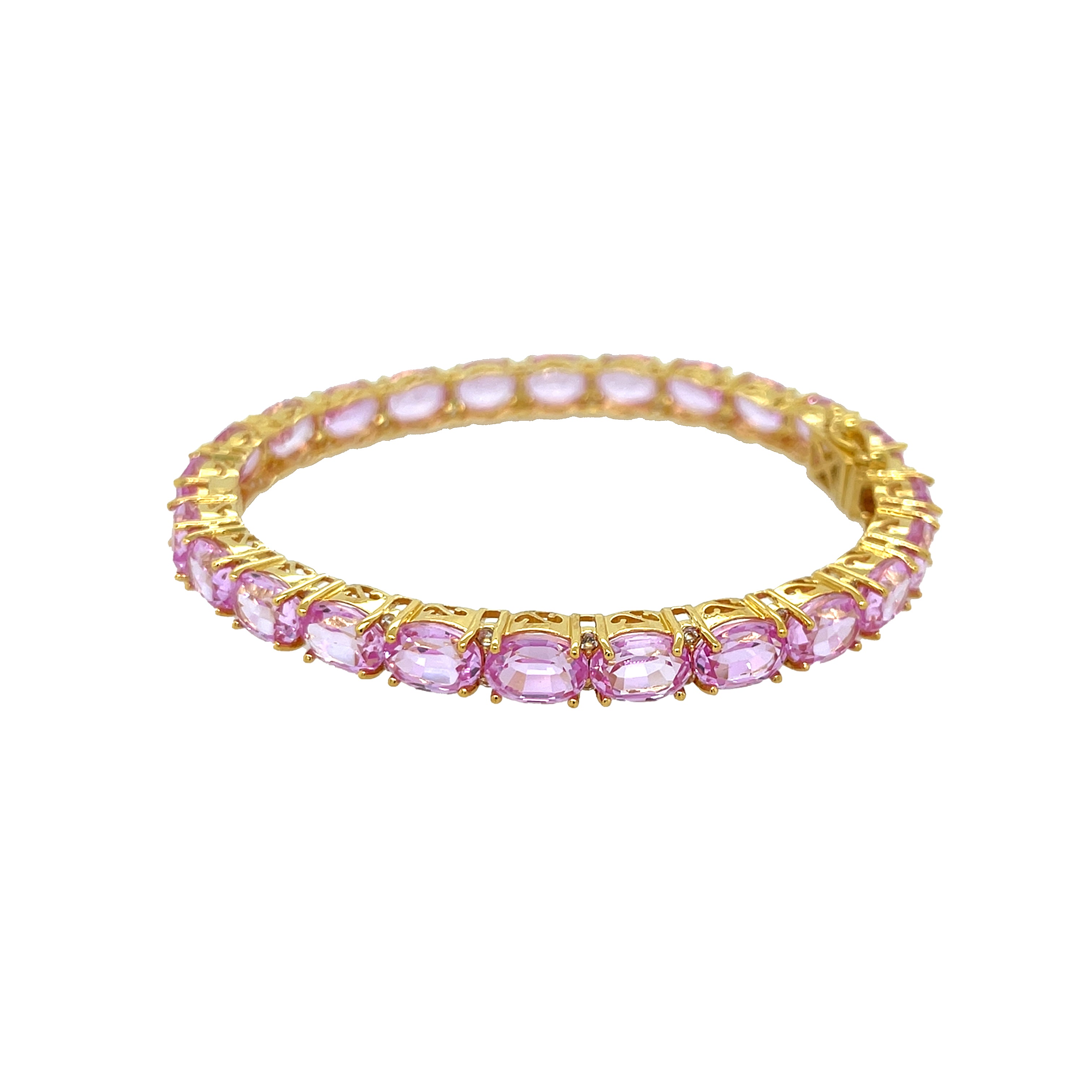 Oval Pink Sapphire &amp; White Topaz Tennis Bangle Bracelet

Yellow Gold Plated Over Silver&nbsp;
Cushion Cut Lab Pink Sapphire
0.23" Wide