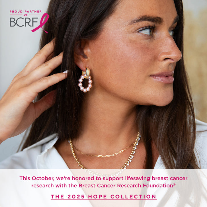 Woman wearing gold hoop earrings with a Breast Cancer Research Foundation (BCRF) logo in the corner.