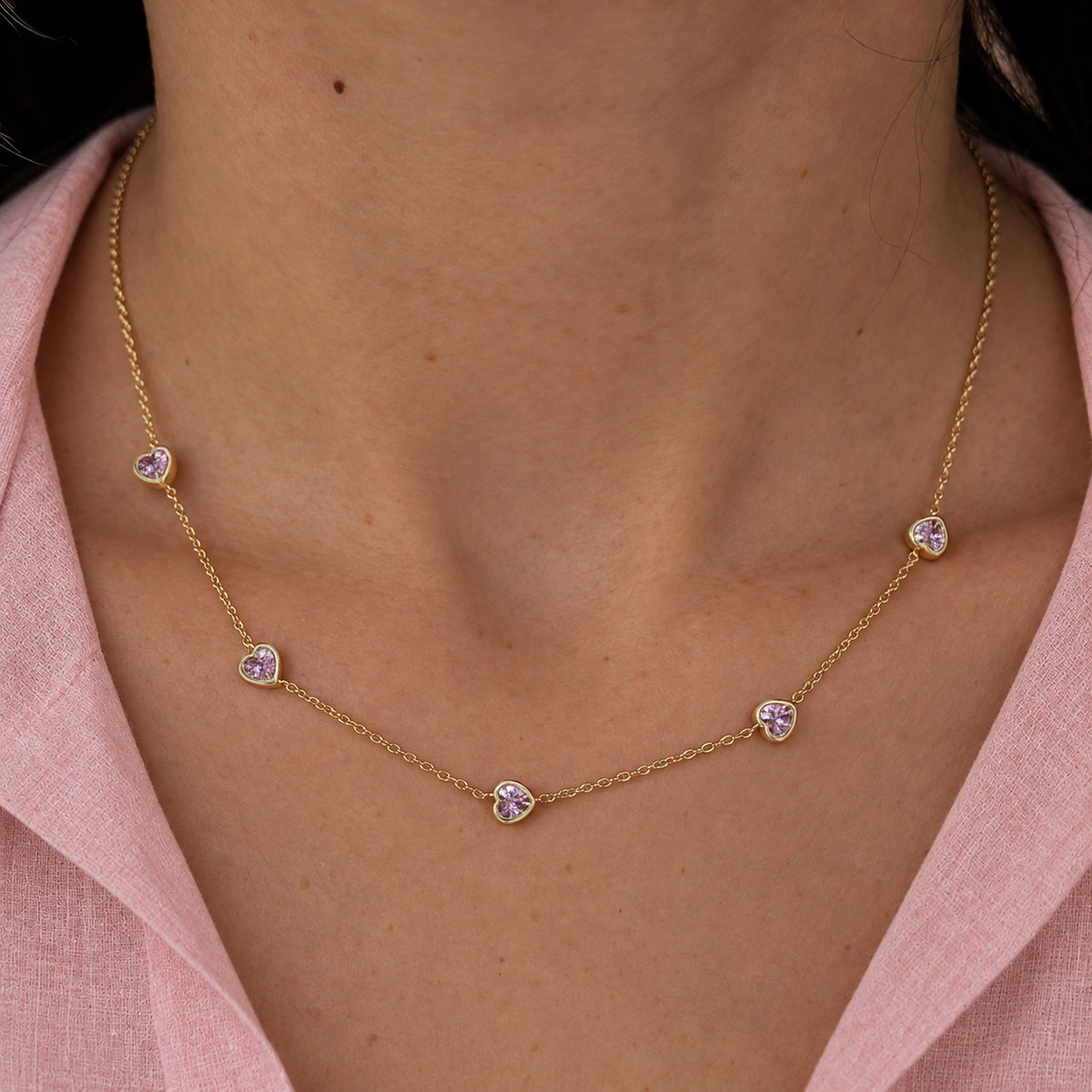 Pink Heart Station Necklace
