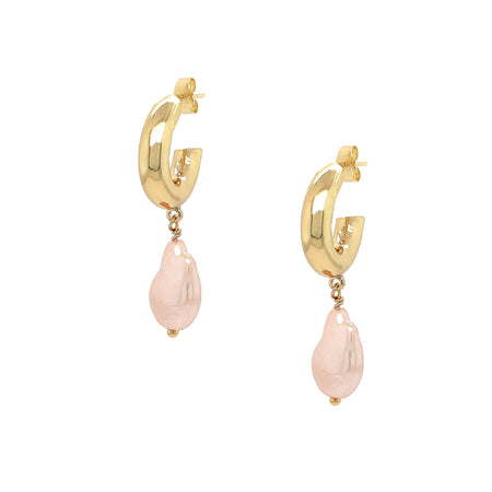 These exquisite hoops feature a stunning light pink pearl elegantly set in your choice of yellow or white gold plating, embodying the essence of elegance and hope. These gorgeous earrings perfectly complement any ensemble, making them a versatile addition to your jewelry collection. Pair them effortlessly with other jewels and stay in vogue while making a meaningful impact.  Pink Pearl Drop on Small Hoop Pieced Earrings  Yellow or White Gold Plating 1.75" Long X 0.42" Wide