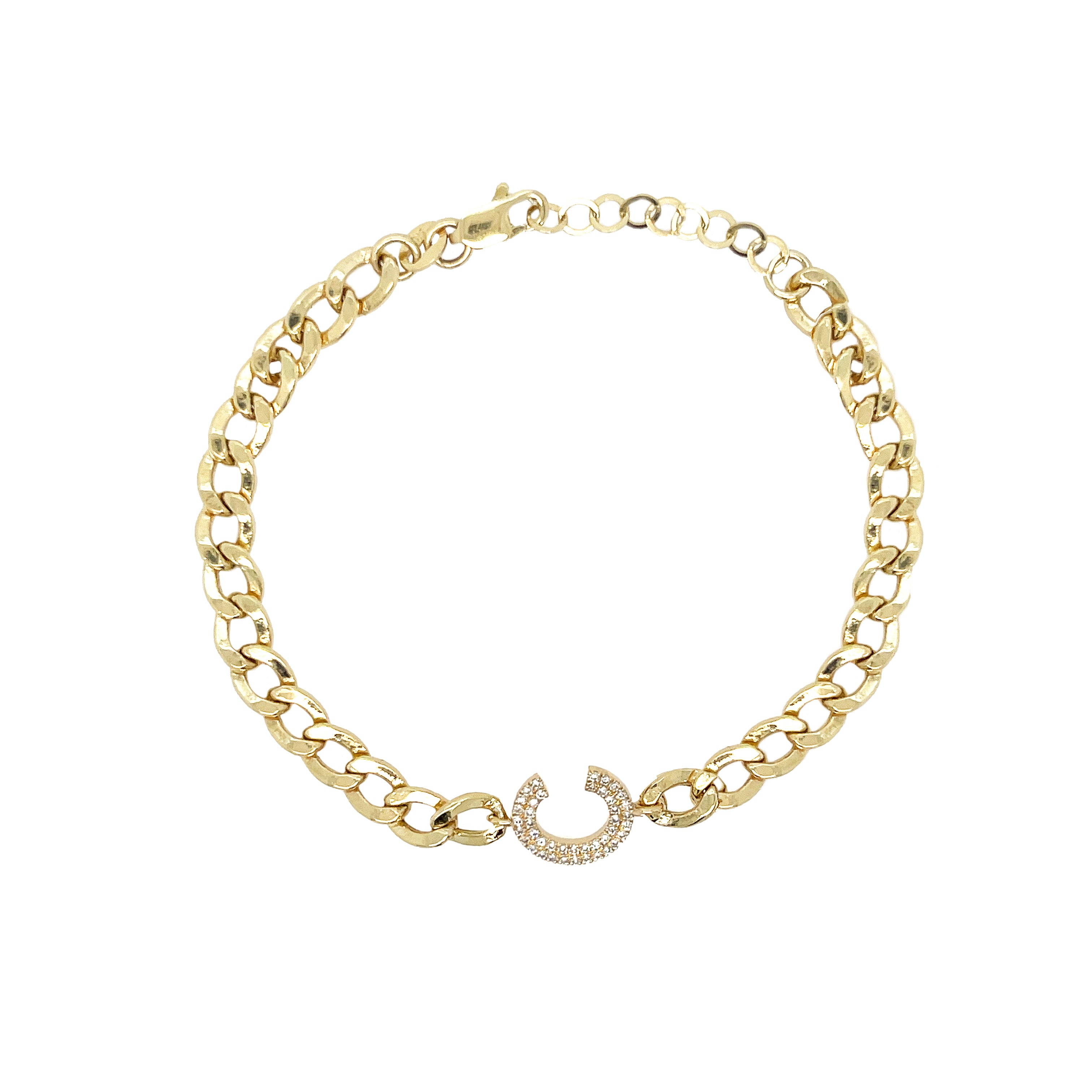 Diamond Initial Cuban Chain Bracelet  14K Yellow Gold 0.55 Diamond Carat Weight 5MM Chain 6-7" Adjustable Chain    Please allow up to 3-5 weeks for delivery of unavailable letters.