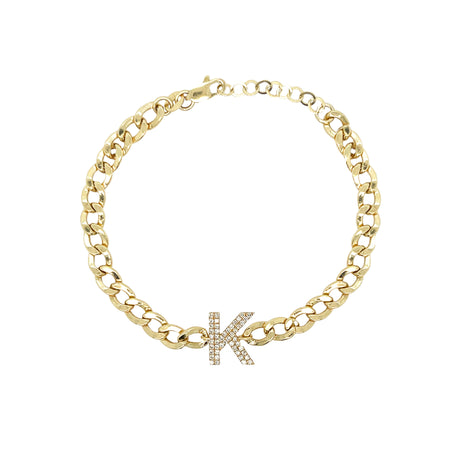 Diamond Initial Cuban Chain Bracelet  14K Yellow Gold 0.55 Diamond Carat Weight 5MM Chain 6-7" Adjustable Chain    Please allow up to 3-5 weeks for delivery of unavailable letters.