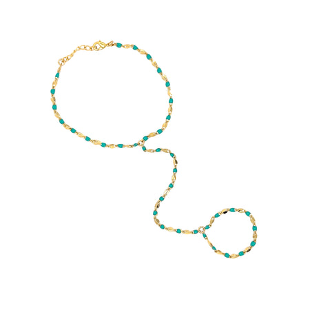 Turquoise Hand Chain Bracelet  Yellow Gold Plated 6.5" Bracelet Length 3.25" Chain Drop Stones: 0.07" Wide view 1