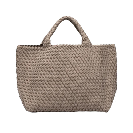 Cashmere Woven Tote With Rolled Handles  10" High X 8.5" Wide Width: Bottom 13" - Top 19" Strap: 5" Drop Removable Pouch: 10" Long X 6.5" Wide