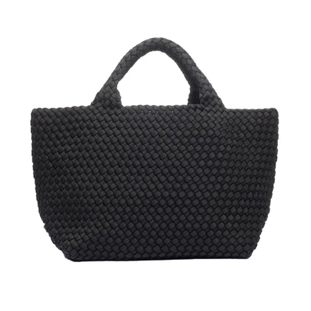 Black Woven Tote With Rolled Handles  10" Height X 8.5" Width Strap: 5" Drop Removable Pouch Included: 10" Length X 6.5" Width
