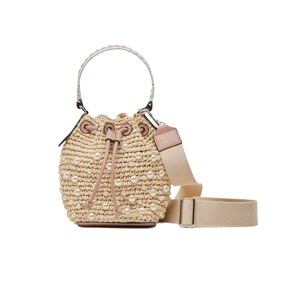 <p>Natural Pearl Raffia Handbag</p> <ul> <li>5.5" Length X 8.1" Height X 3.9" Depth</li> <li>Drawstring Closure &amp; 1 Interior Pocket<br></li> <li>Removable, Adjustable Strap</li> </ul>