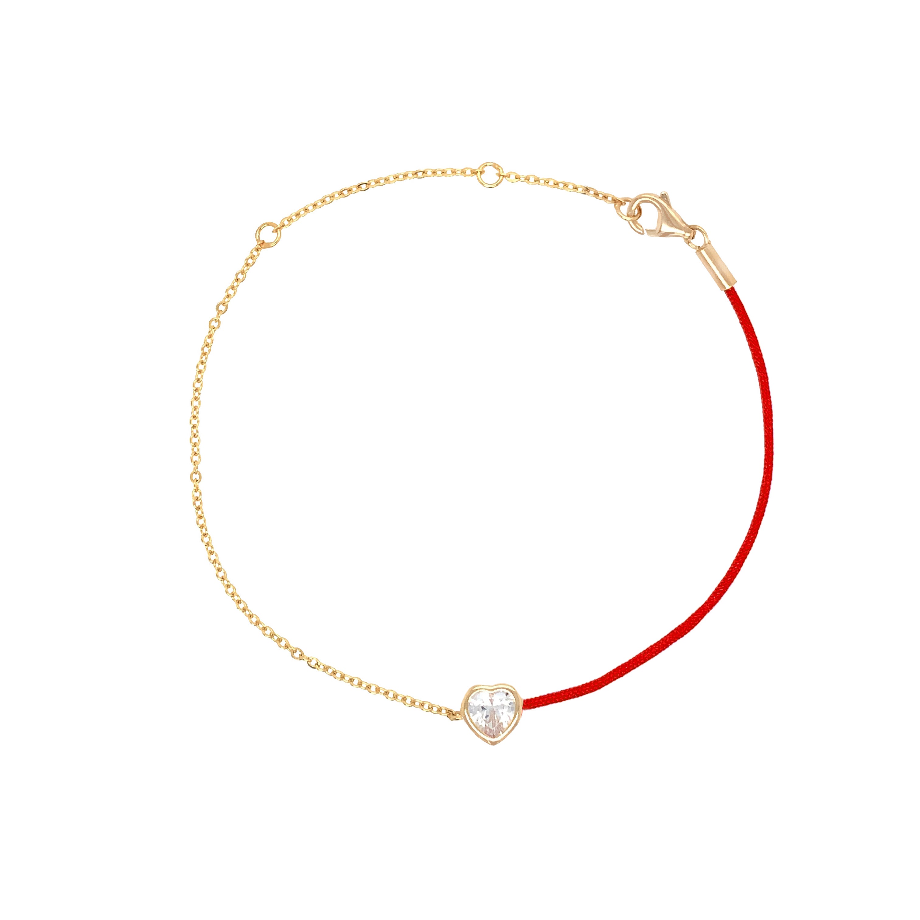 CZ Heart Half Chain Half Red Cord Bracelet

Yellow Gold Plated Over Silver
Heart: 0.24" Diameter
Chain: 6-8"&nbsp;Length
Bezel Set Heart Shaped CZ