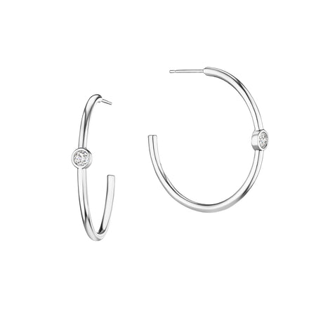 Yellow Gold Bezel Hoop Earrings  14K White Gold Plated 1.5 Inch Diameter; 0.06 inches thick High intensity Bezel-set CZs CZs approximately 0.25 cts each Pierced, post backings