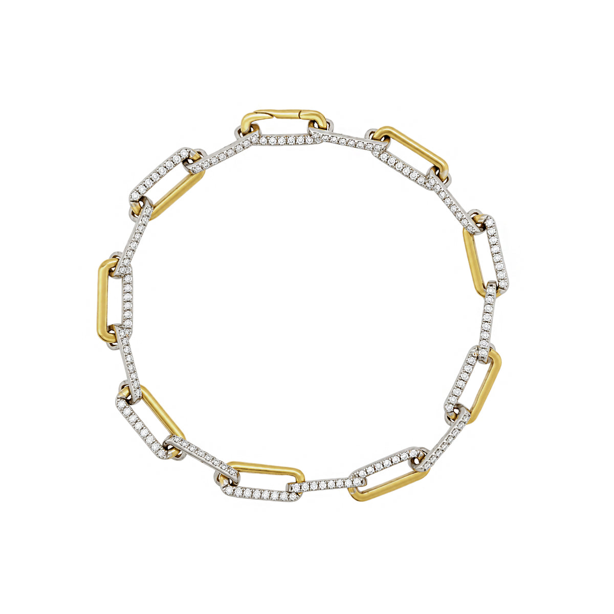 14K Lab Grown Diamond Pave Paperclip Bracelet

14K Yellow Gold &amp; White Gold
Chain: 7'' Long X 0.18" Wide
1.01 Diamond Carat Weight
Color F
VS1 Clarity