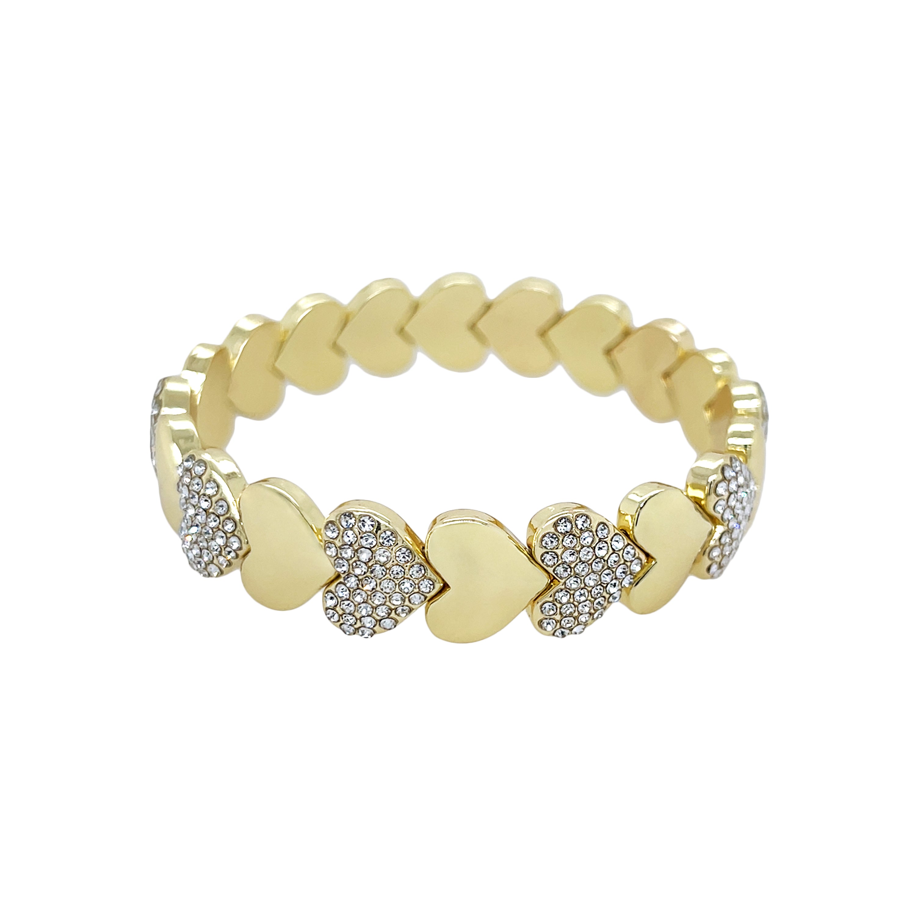 Gold bracelet with heart-shaped links on a white background