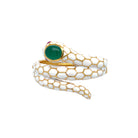 White Enamel, Green Onyx &amp; Ruby Snake Bracelet

Slither into style with our enamel, onyx, and ruby snake bracelet. The perfect statement piece that adds a playful pop of color to any outfit.&nbsp;

Yellow Gold Plating Over Silver
1.55" Wide