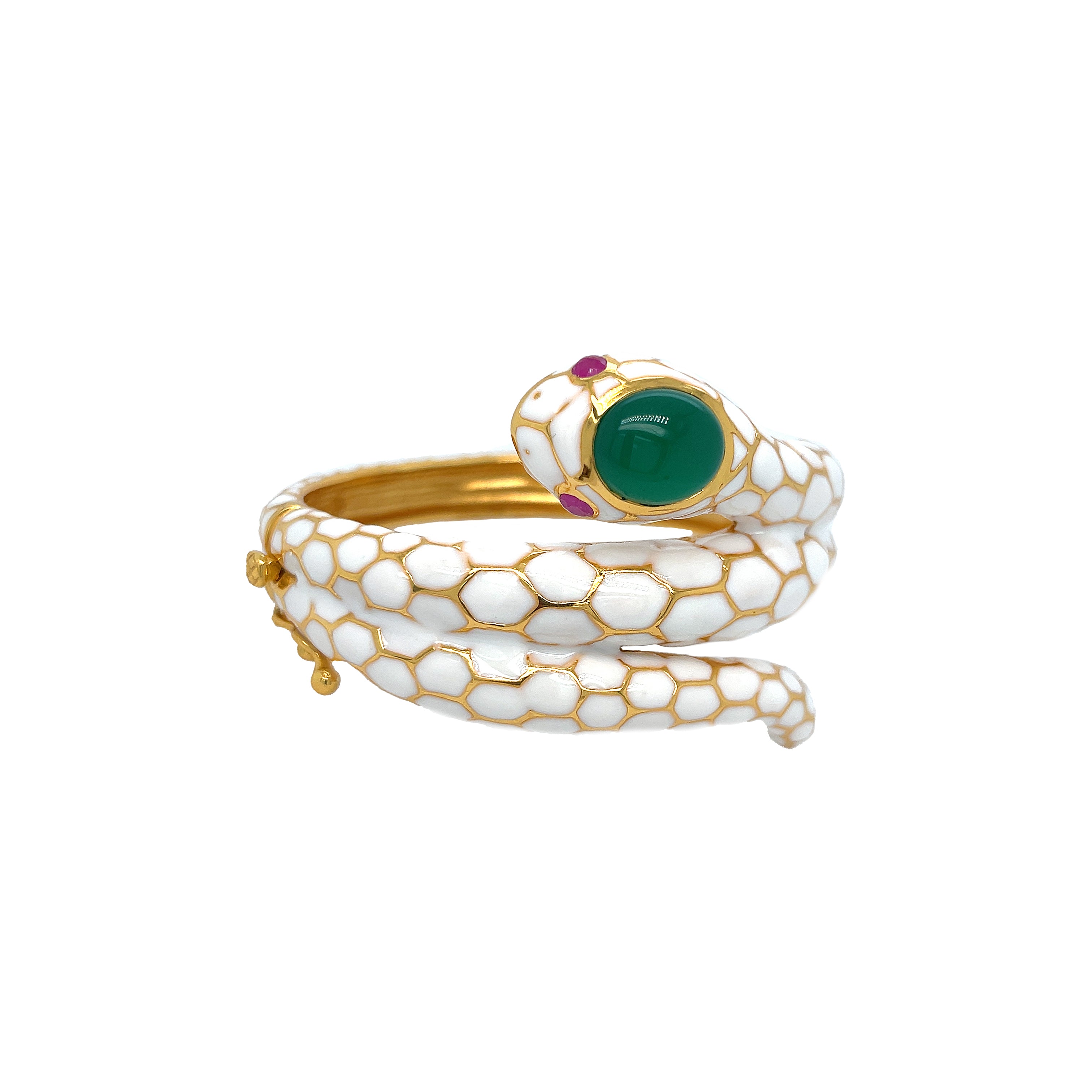 White Enamel, Green Onyx &amp; Ruby Snake Bracelet

Slither into style with our enamel, onyx, and ruby snake bracelet. The perfect statement piece that adds a playful pop of color to any outfit.&nbsp;

Yellow Gold Plating Over Silver
1.55" Wide