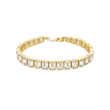 <p>Crystal Octagon Tennis Bracelet&nbsp;</p> <ul> <li>Yellow Gold Plated Over Silver&nbsp;</li> <li>Cubic Zirconia</li> <li>6.75" -7.75" Adjustable Length&nbsp;</li> </ul>