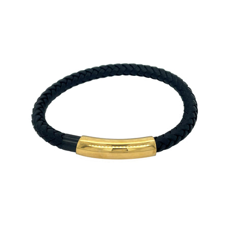 Yellow Bar Black Braided Leather Men Bracelet  Yellow Gold Plated Bar: 0.32" Long X 1.27" Wide Leather: 0.22" Thick 7.75" Long