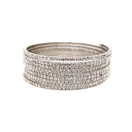 Pave Crystal 9 Row Wrap Bracelet  White Gold Plated Cubic Zirconia Circular Shape: 2.02” Diameter 0.82” Width Flexible Coil Opening