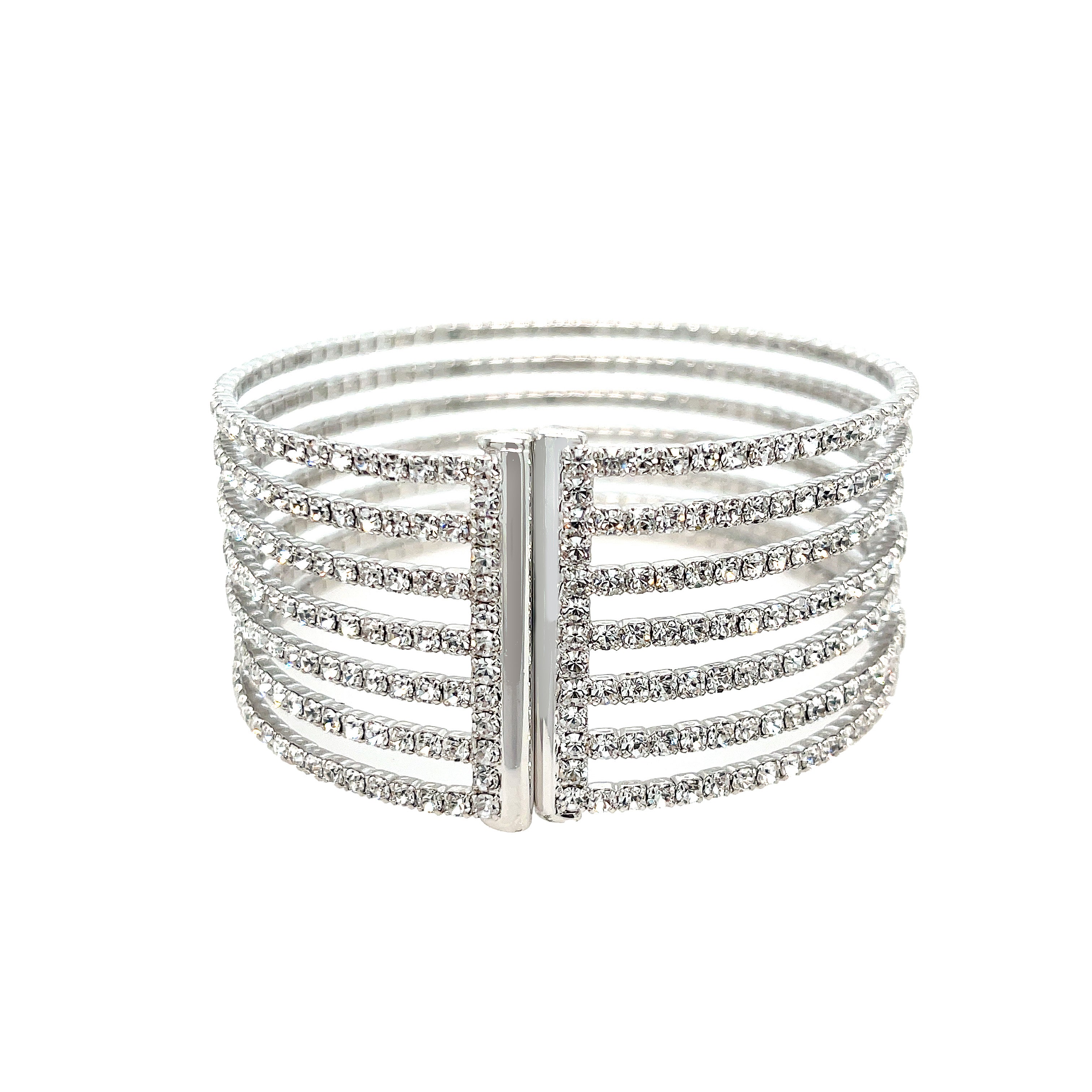 <p>7 Row Open Cuff Bracelet</p> <ul> <li>White Gold Plated</li> <li>1" Width</li> </ul>