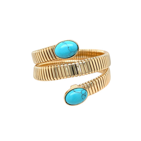 Turquoise Resin Wide Flex Bangle Bracelet  Yellow Gold Plated Fits Wrists 7-7.5" Wide