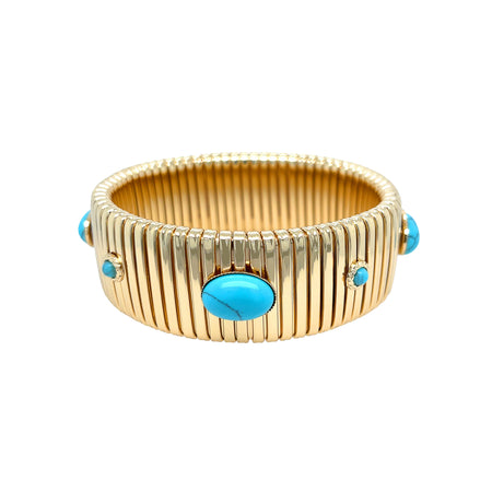 Turquoise Resin Wide Flex Bangle Bracelet  Yellow Gold Plated Fits Wrists 7-7.5" Wide view 1