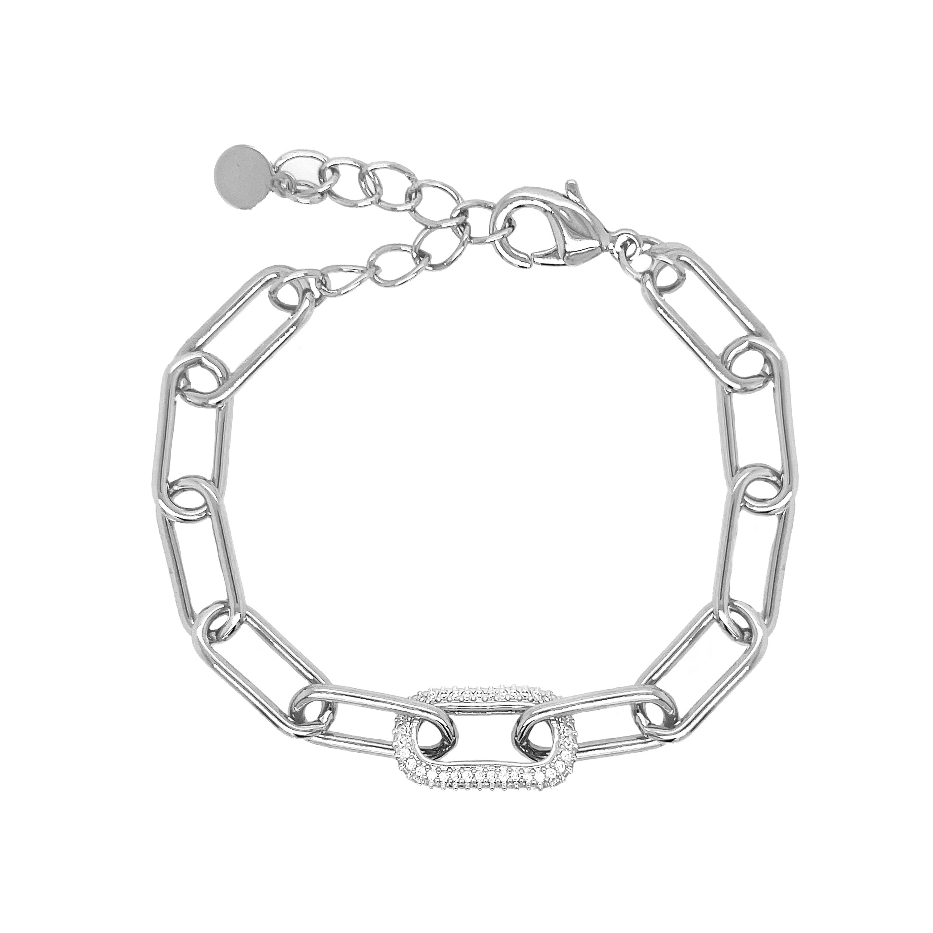 <p>Pave CZ Paperclip Link Bracelet</p> <ul> <li>White Gold Plated</li> <li>Pave Link: 0.39" Long X 0.71" Wide</li> <li>Plain Link: 0.28" Long X 0.66" Wide</li> <li>6.5-8" Adjustable Length</li> </ul> <p><span style="color: #ff2a00;">While supplies last. All Deals Of The Day sales are FINAL SALE.</span></p>