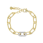 Pave CZ Paperclip Link Bracelet  Yellow Gold Plated Pave Link: 0.39" Long X 0.71" Wide Plain Link: 0.28" Long X 0.66" Wide 6.5-8" Adjustable Length