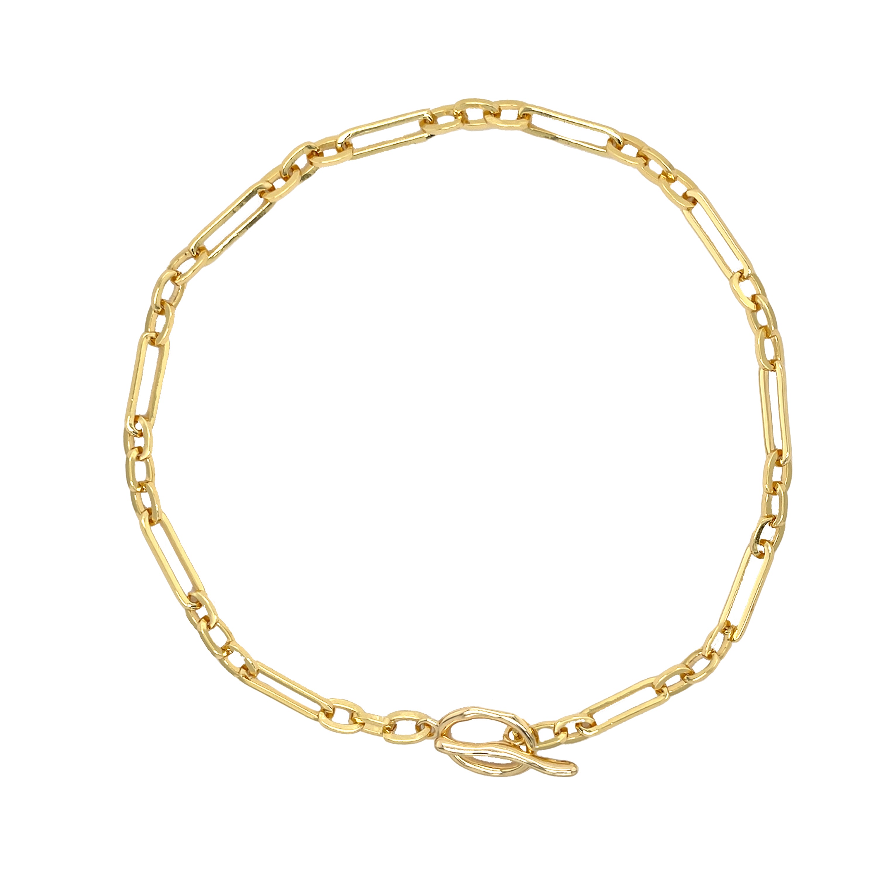 Gold chain bracelet on a white background

Mixed Link Toggle Chain Necklace

Yellow Gold Plated
Large link: 0.83" Long X 0.24" Wide
Small Circle link: 0.36" Long X 0.25" Wide
16" Long