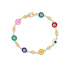 <p>Yellow Gold Filled Multi-Colored Evil Eye Bracelet</p> <ul> <li>Yellow Gold Filled</li> <li>Eye: 0.25" Diameter</li> <li>7.75" Long</li> </ul>