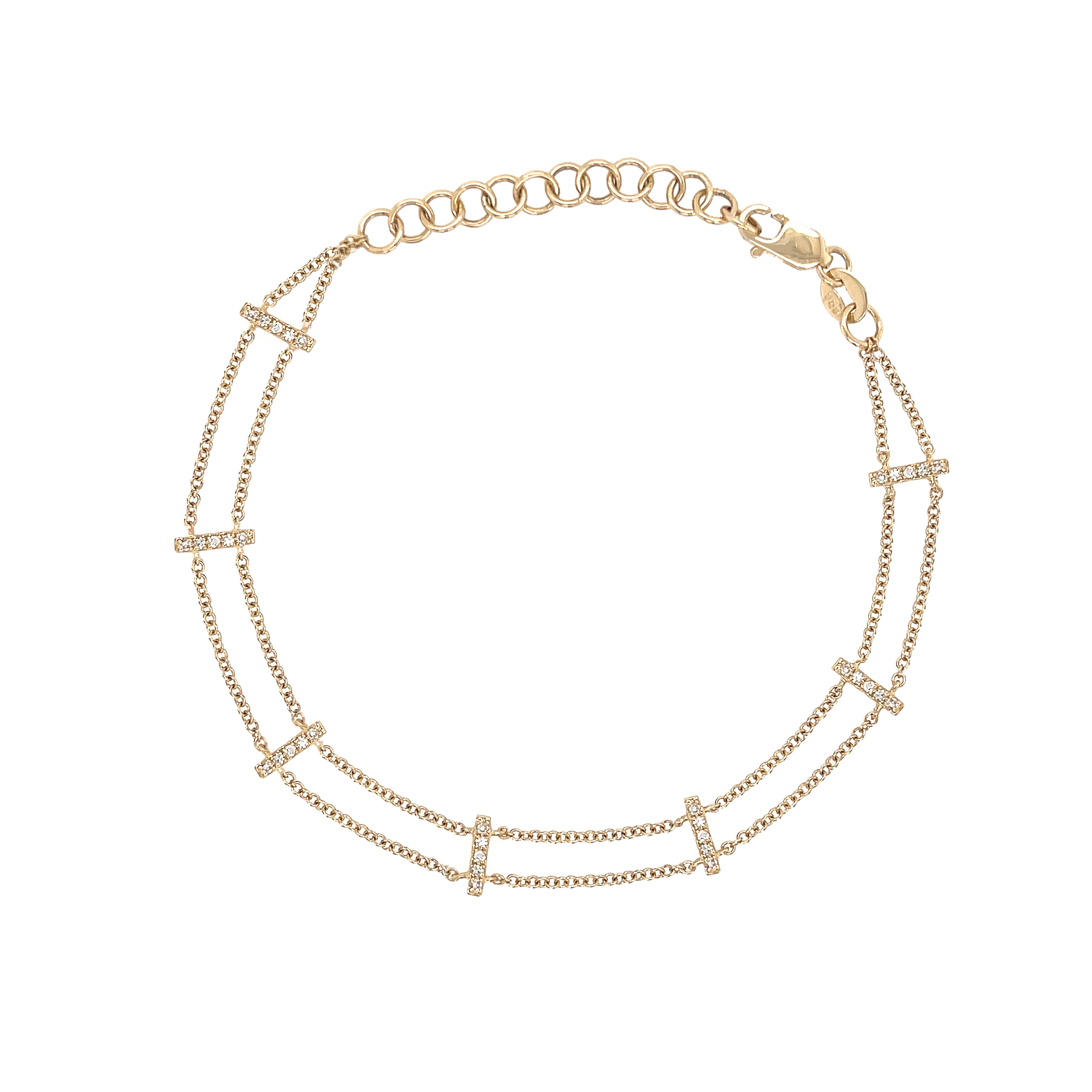 Pave Diamond Bars Double Chain Bracelet

Upgrade your bracelet game with this Diamond Double Chain Bracelet! Featuring pave diamond bars and double chain, this bracelet is the perfect blend of elegance and edginess. Get ready to sparkle and shine with this unique piece!

14K Yellow Gold
0.12 Diamond Carat Weight
6-7" Chain Length