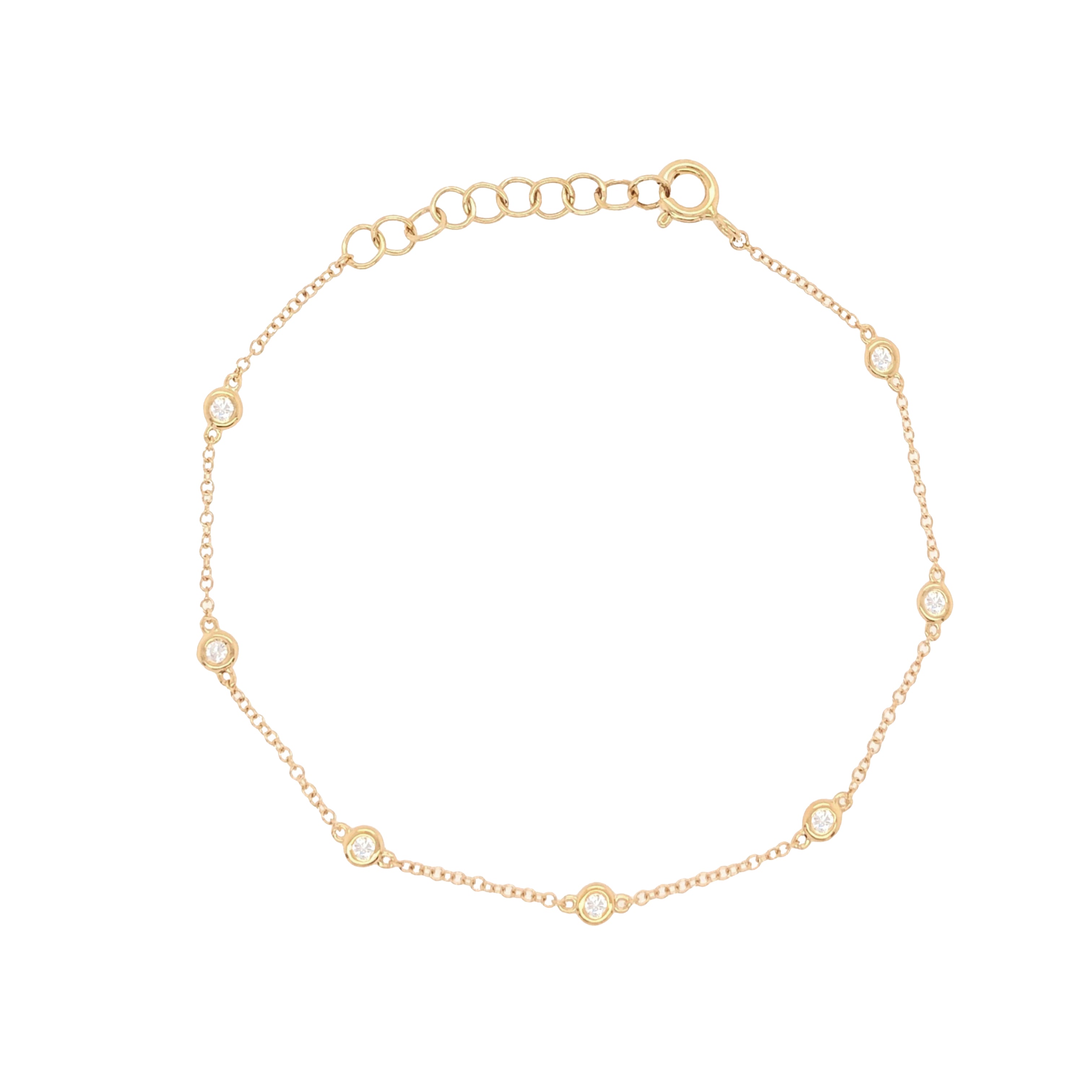 14K Gold Diamond Bezel Bracelet  14K Yellow Gold 0.15 Diamond Carat Weight Bezel: 3.25 MM Diameter Chain: 6-7" Length