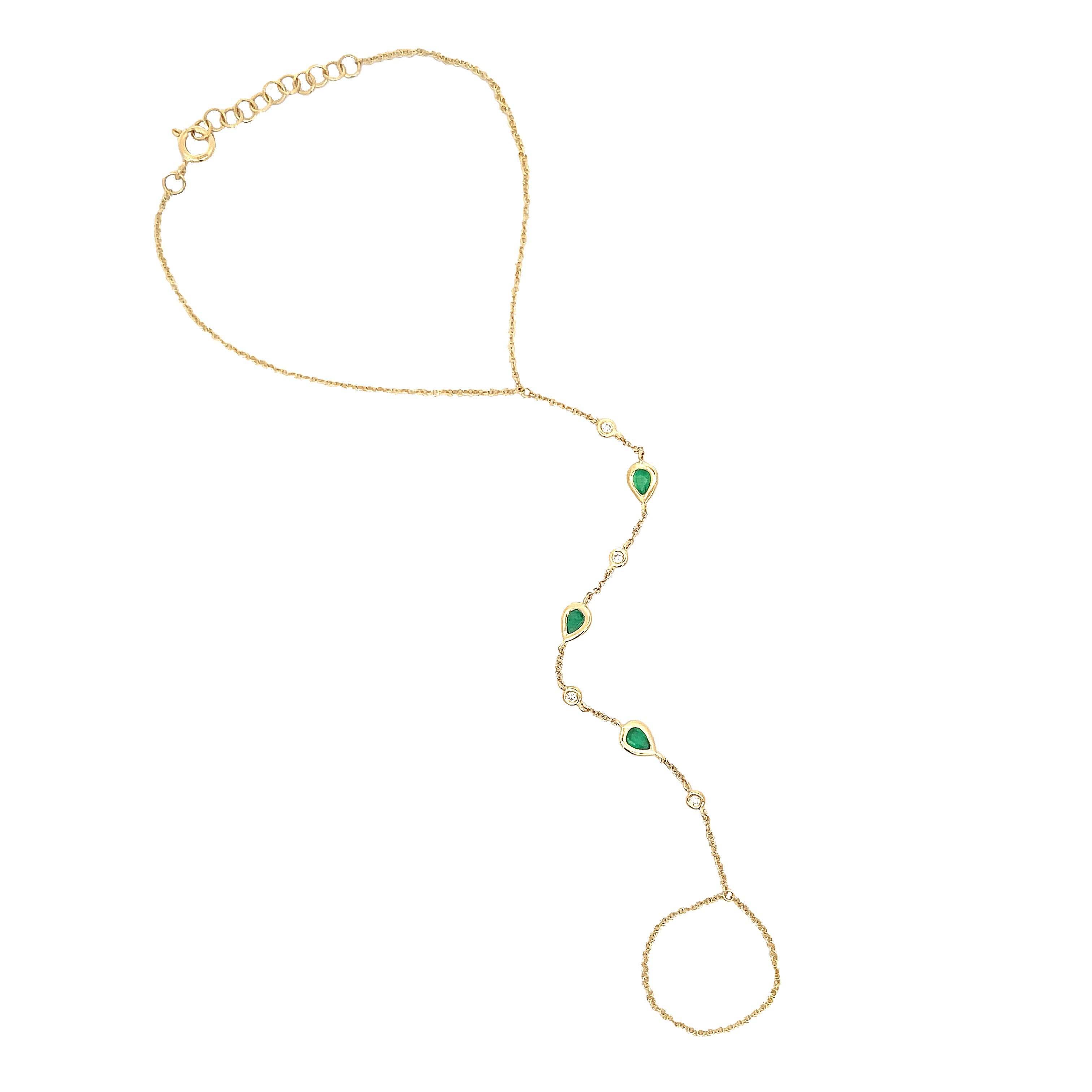 <p>Diamond &amp; Emerald Hand Chain Bracelet</p> <ul> <li>14K Yellow Gold</li> <li>5.75-6.75" Adjustable Bracelet Length</li> <li>0.08 Diamond Carat Weight</li> <li>0.43 Emerald Carat Weight</li> </ul>