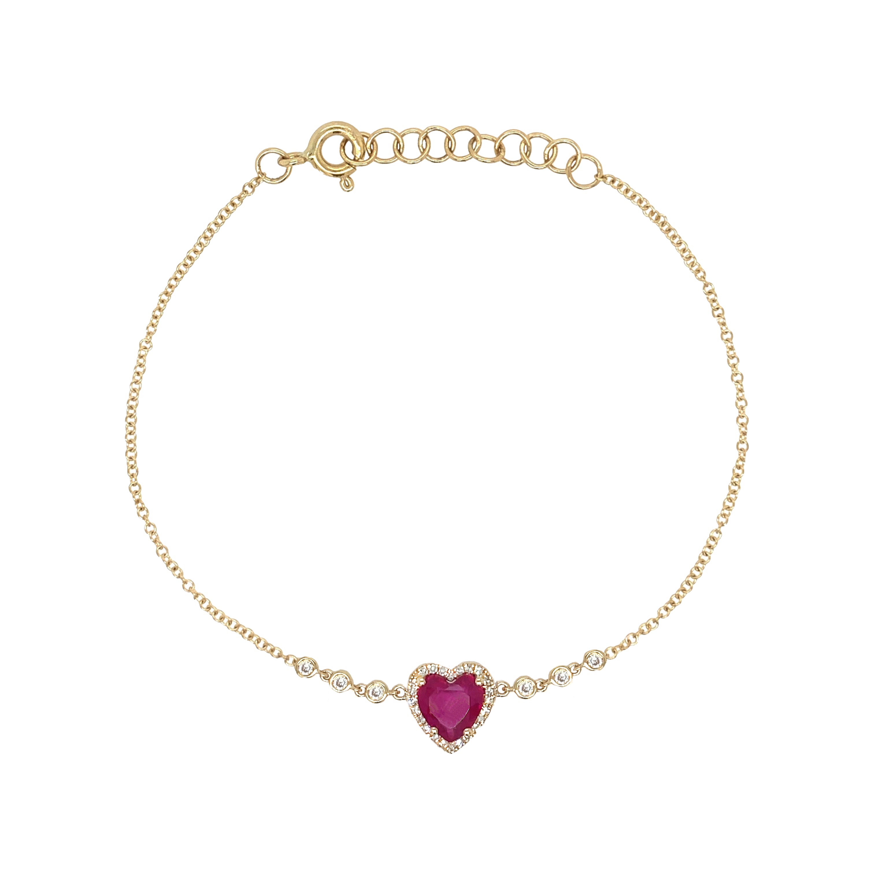 Diamond & Ruby Heart Chain Bracelet  14K Yellow Gold 0.18 Diamond Carat Weight 0.85 Ruby Carat Weight 6-7" Adjustable Length