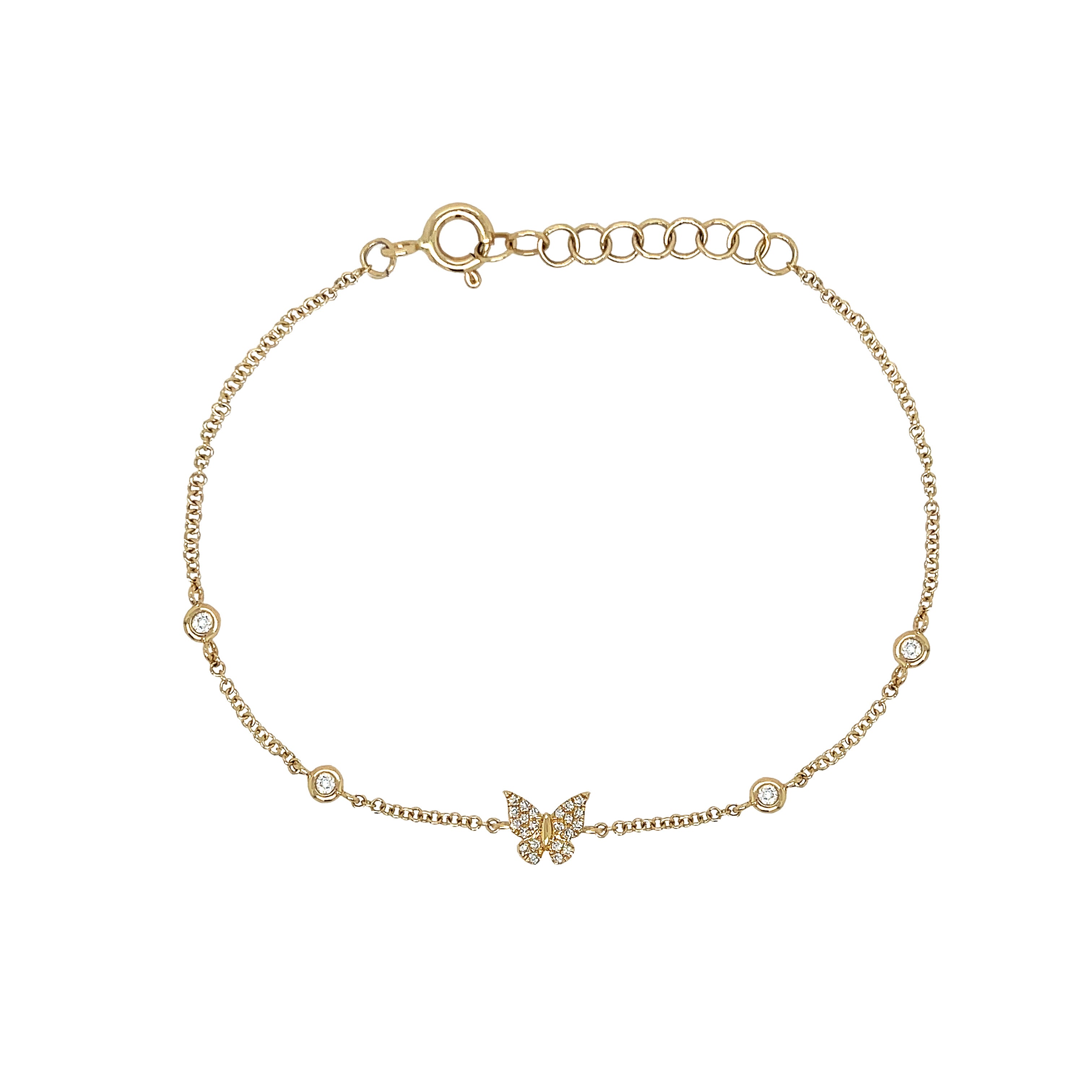 Diamond Bezel &amp; Butterfly Chain Bracelet

Add some sparkle to your outfit with our Diamond Butterfly Bracelet! This playful piece features shimmering diamonds and a delicate butterfly design, perfect for adding a touch of whimsy to your look.

14K Yellow Gold
0.11 Diamond Carat Weight
Butterfly: 0.23" Long X 0.24" Wide
Bezels: 0.11" Wide