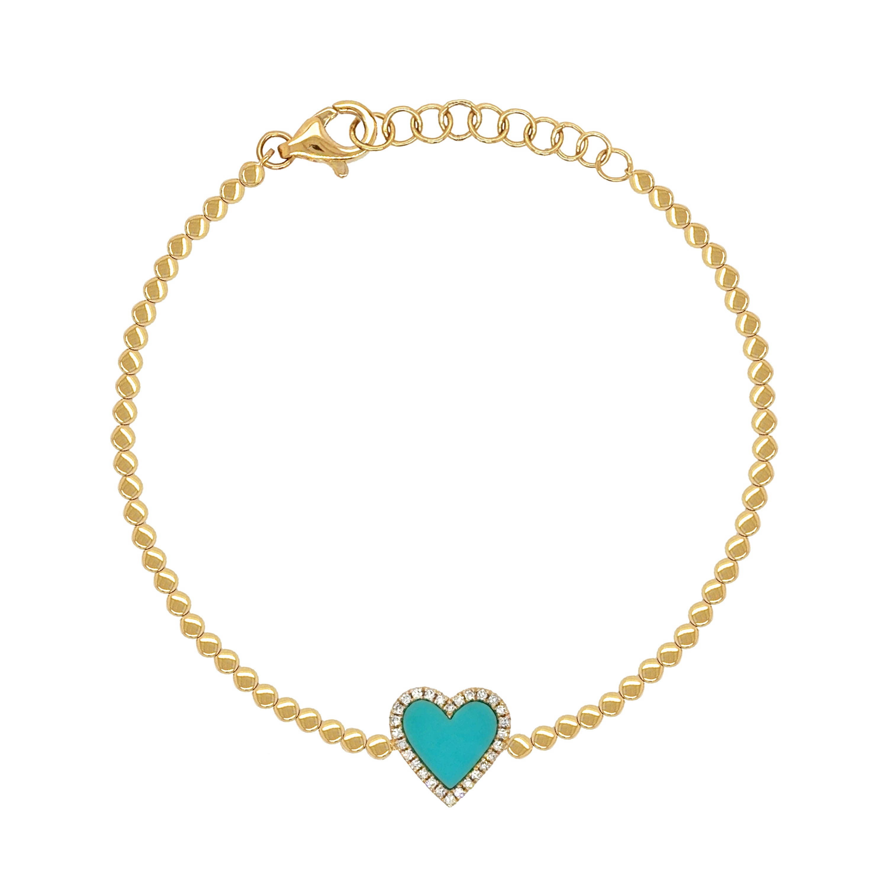 Pave Diamond &amp; Turquoise Heart Chain Bracelet

This delicate gold chain bracelet features a turquoise heart, framed with a hint of pave diamond sparkle. Fresh and feminine, it adds a soft pop of color, perfect worn alone or stacked with your favorite gold bracelets

14K Yellow Gold
0.08 Diamond Carat Weight
0.48 Turquoise Carat Weight
Heart: 0.40" Width
Chain: 6-7"&nbsp;Length