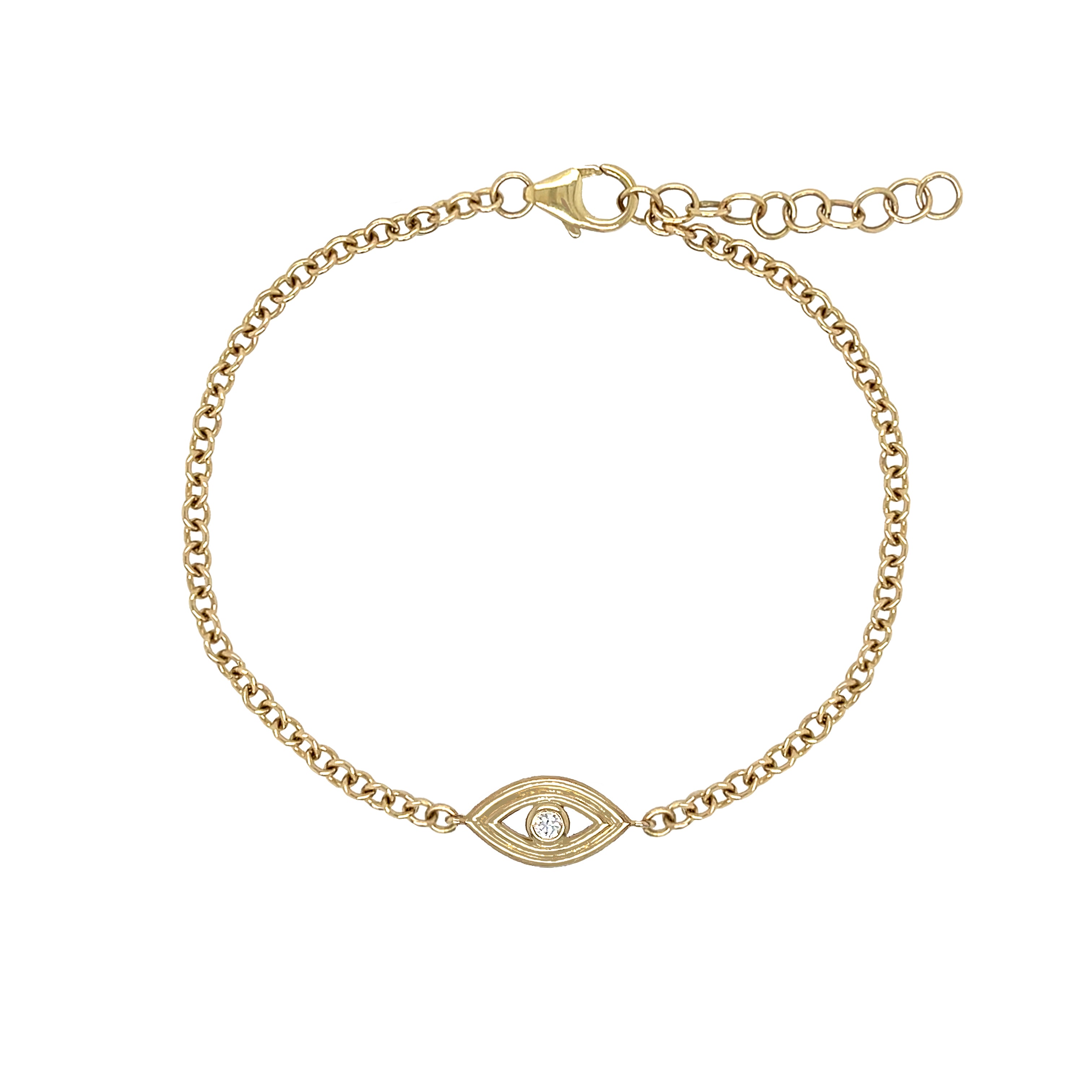Single Diamond Evil Eye Chain Bracelet

14K Yellow Gold
Eye: 0.28" Long X 0.50" Wide
0.04 Diamond Carat Weight