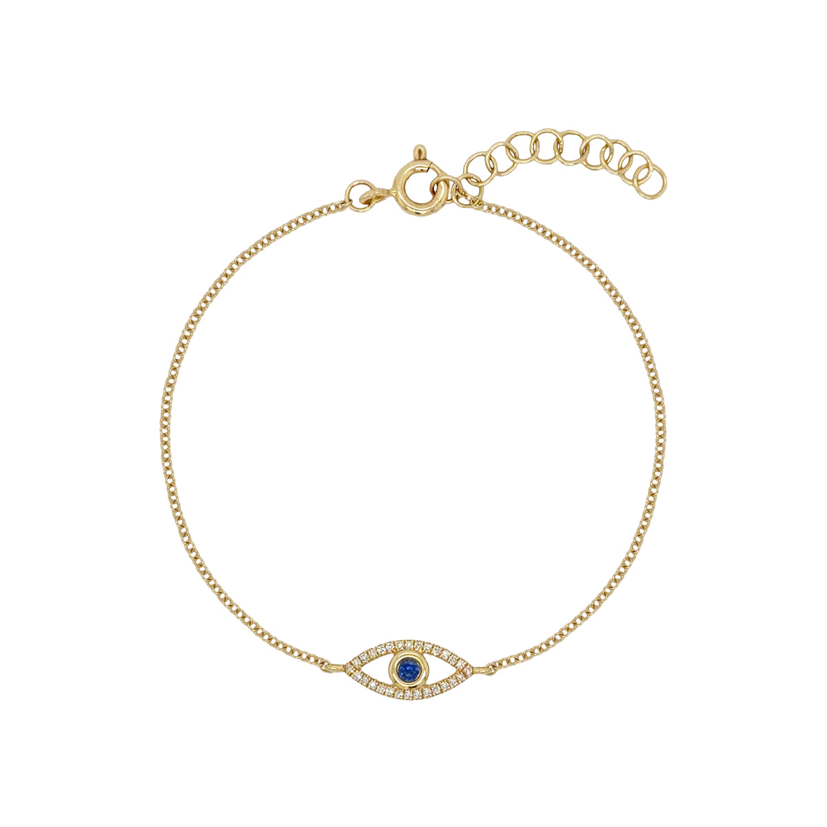 Pave Diamond &amp; Sapphire Evil Eye Chain Bracelet

14K Yellow Gold
Chain: 6-7'' Long
Eye: 0.5'' Long X 0.19'' Wide