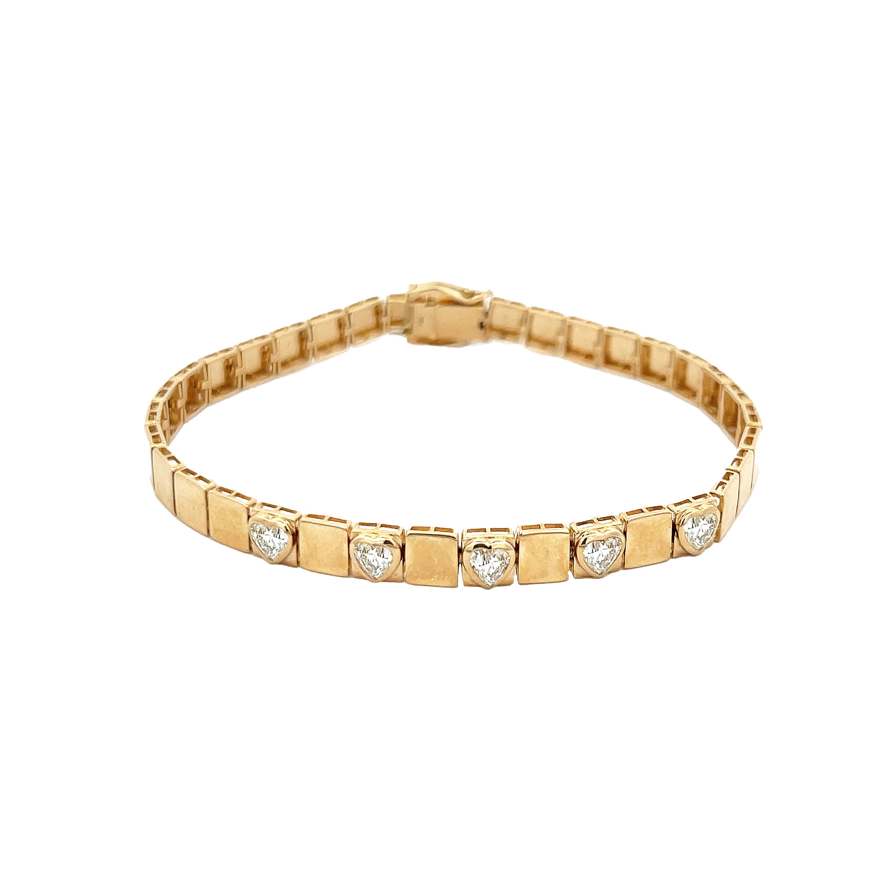 Bezel Set Heart Diamonds On Square Link Bracelet  14K Yellow Gold 7" Wide