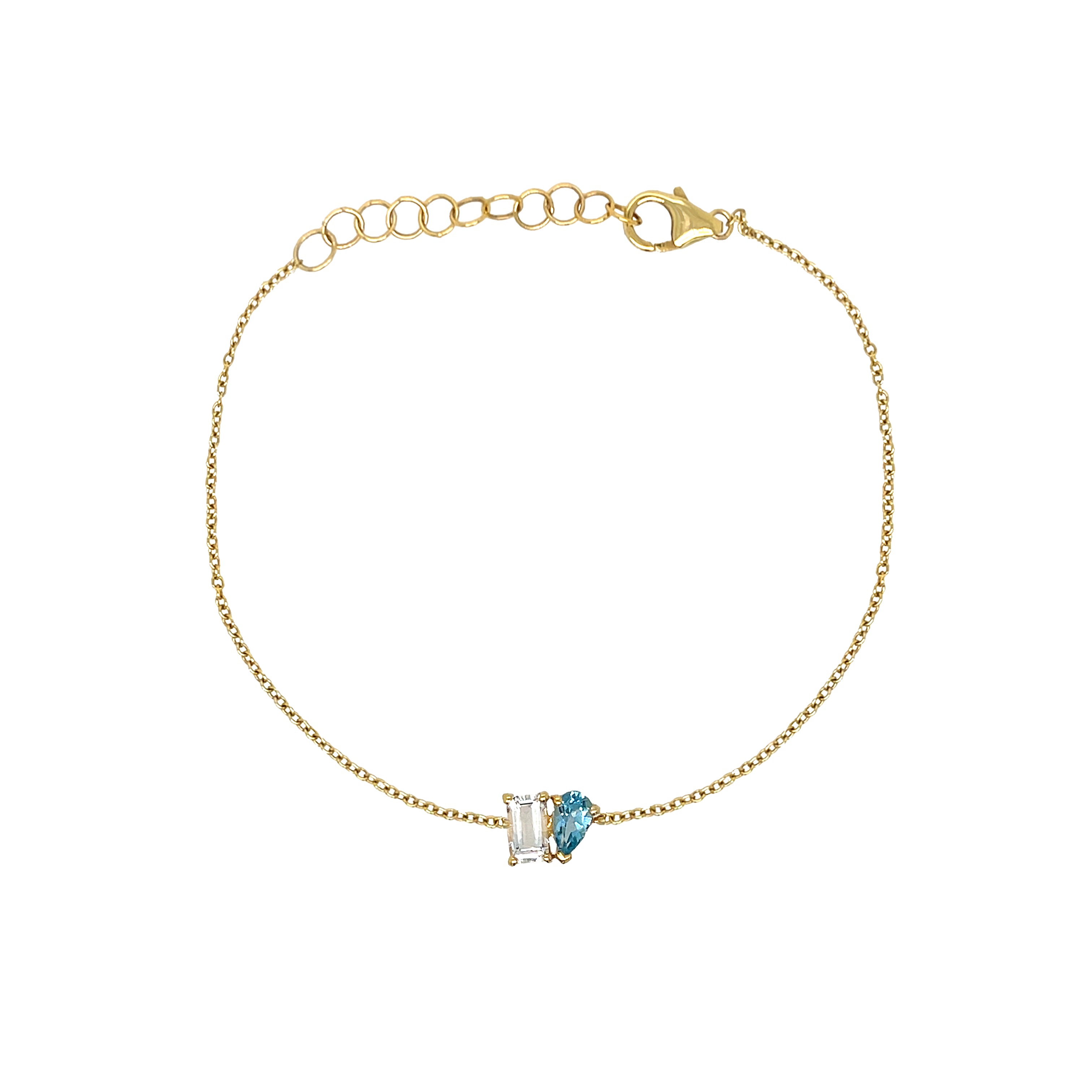 Blue &amp; White Topaz Bracelet

This elegant bracelet features stunning blue topaz stones, delicately crafted to enhance any bracelet stack. A perfect addition to any jewelry collection, our Blue &amp; White Topaz Bracelet adds a touch of chic to your look.

14K Yellow Gold
6-7" Adjustable Length