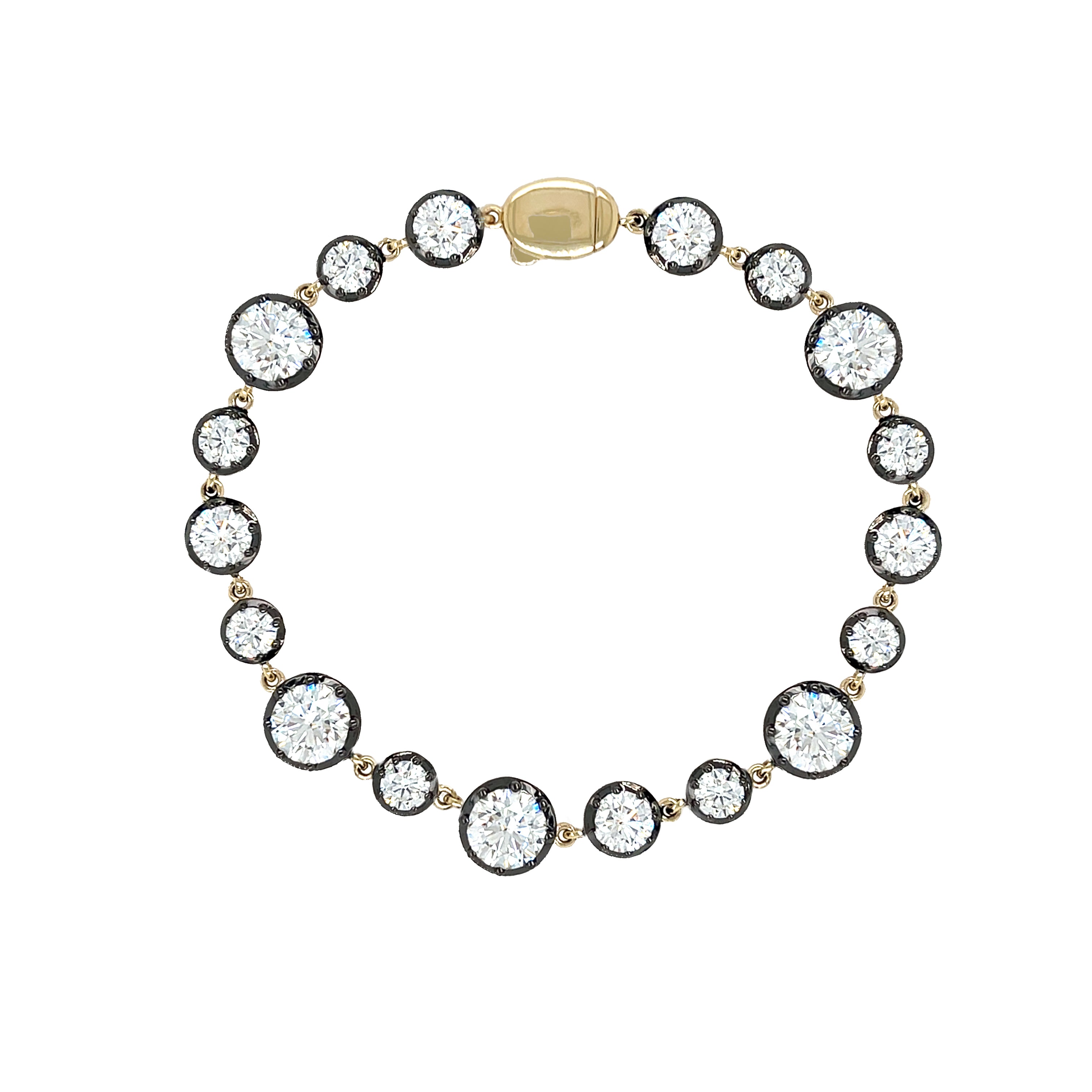 Gold bracelet with round diamonds on a white background
