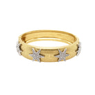 Starburst Bangle Bracelet  Yellow and White Gold Plating Cubic Zirconia Oval Shape: 2.30” X 2.01” 0.60” Width Hinge Closure