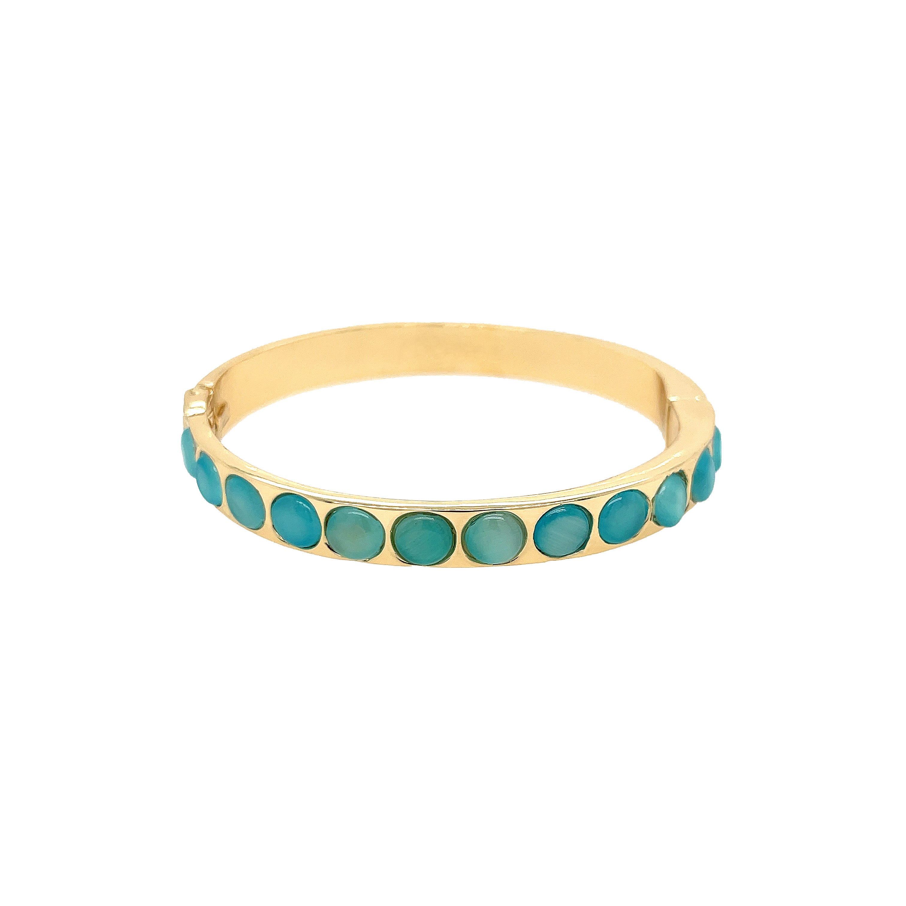 <p>Aqua Round Stone Bangle Bracelet</p> <ul> <li>Yellow Gold Plated</li> <li>0.29" Wide</li> </ul>