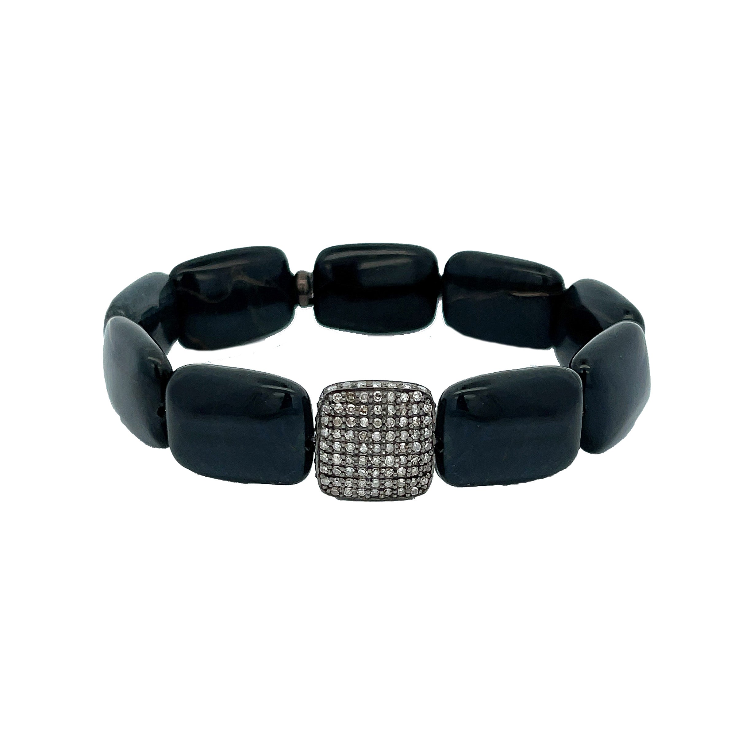 Pave Diamond & Black Onyx Beaded Bracelet  Oxidized Gold Plating Over Silver  Diamond Square: 0.50" Wide Black Onyx Beads: 0.51" Wide X 0.70" Long  