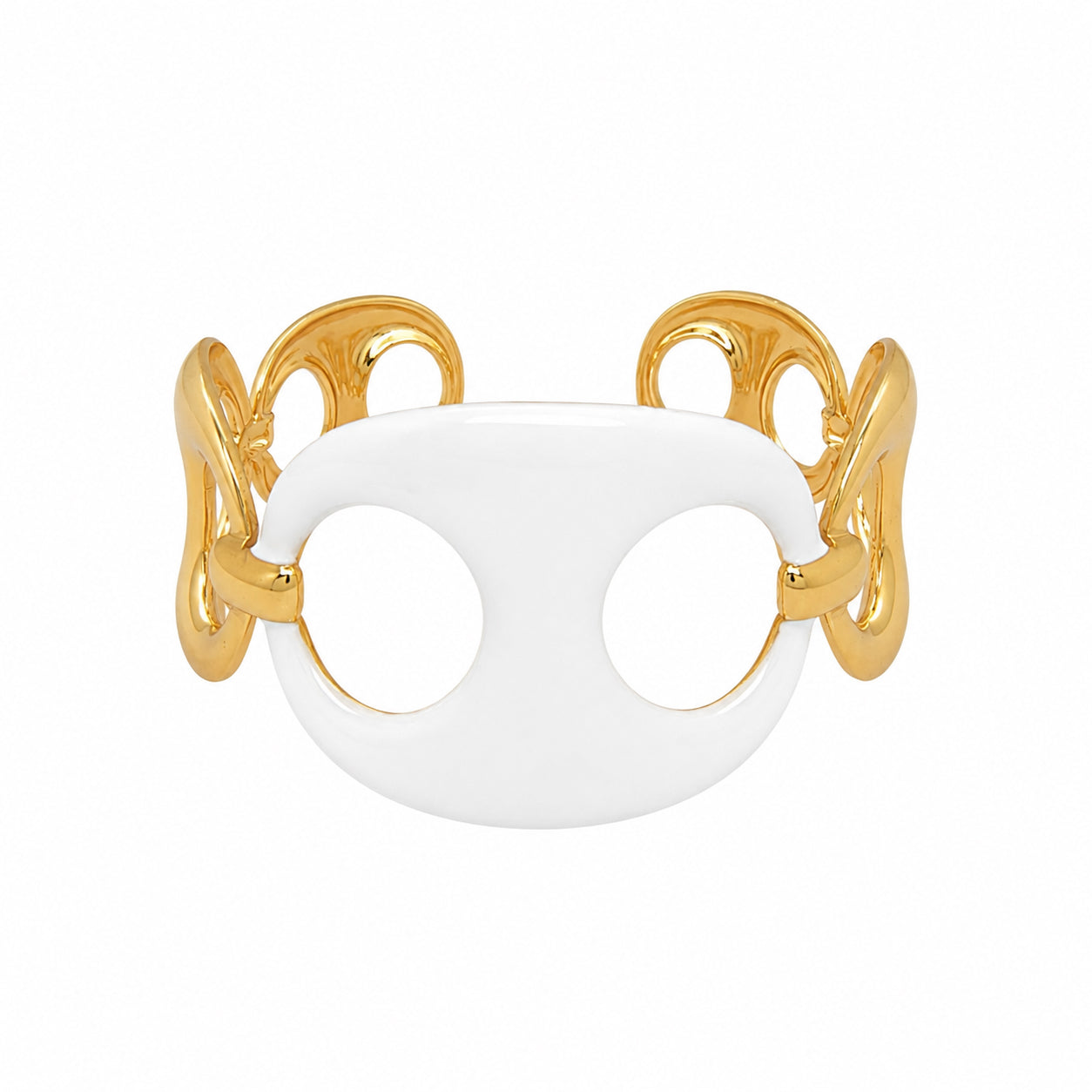 White Enamel Mariner Link Cuff Bracelet

A bold blend of glossy white enamel and yellow gold plated mariner links. The open cuff design offers effortless wear, making it the perfect accessory to elevate both casual and dressy outfits. Stylish, lightweight, and versatile, it’s a standout addition to any jewelry collection.

Yellow Gold Plated
1.8" - 2" Wide