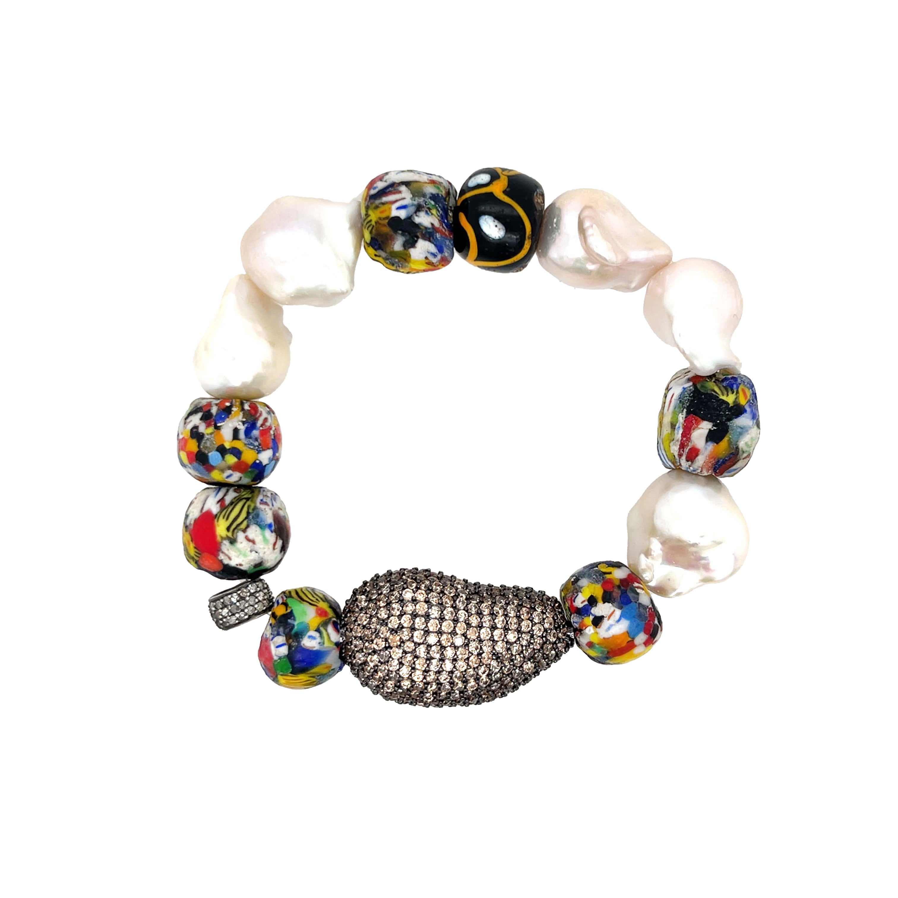Multi-Color Bead &amp; Pearl Stretch Bracelet

Diamond Roundelle Bead
Oxidized CZ Center Bead
African Beads
Baroque Pearls