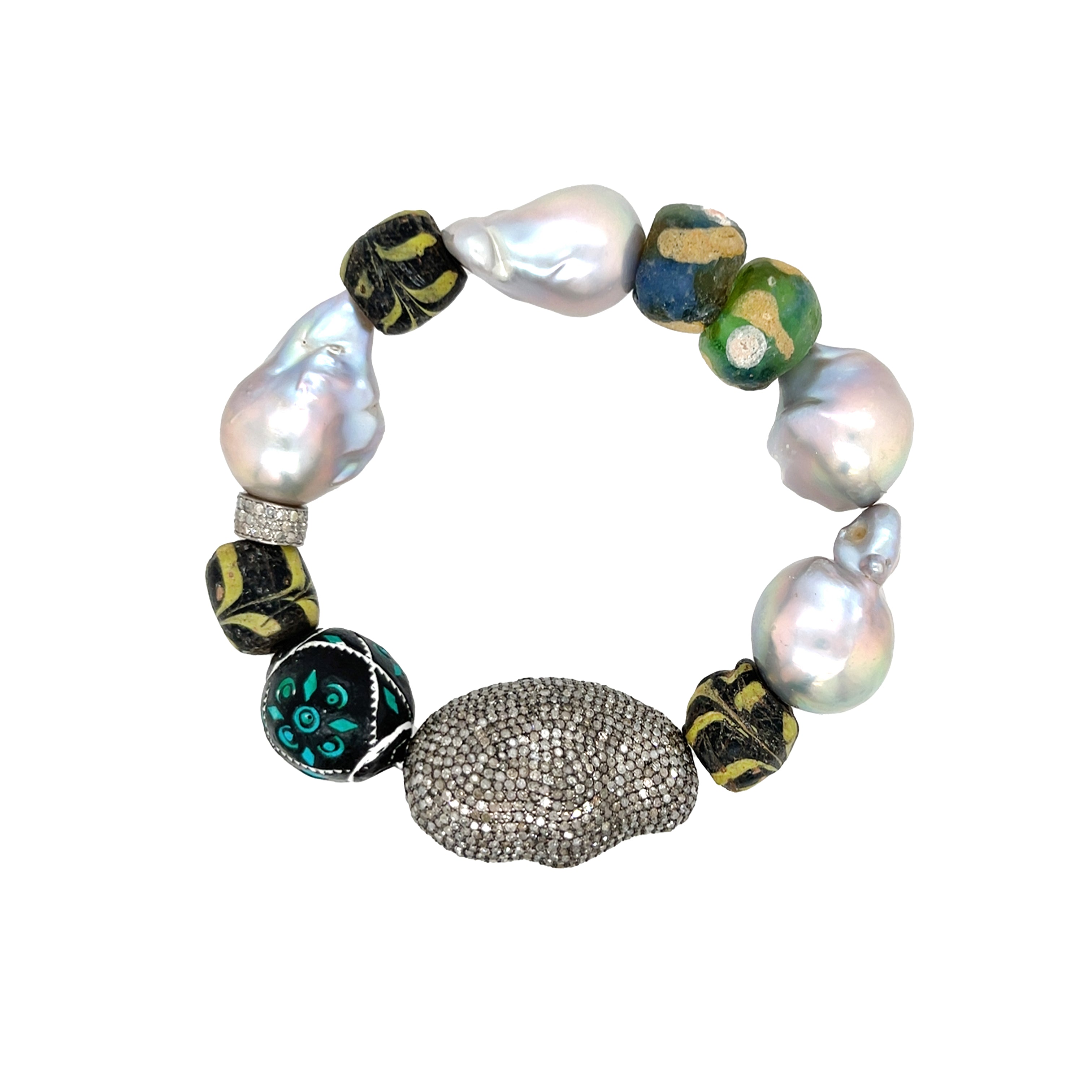 Multi-Color Bead &amp; Pearl Stretch Bracelet

Diamond Center Bead
Diamond Roundelle Bead
African Beads
Baroque Pearls