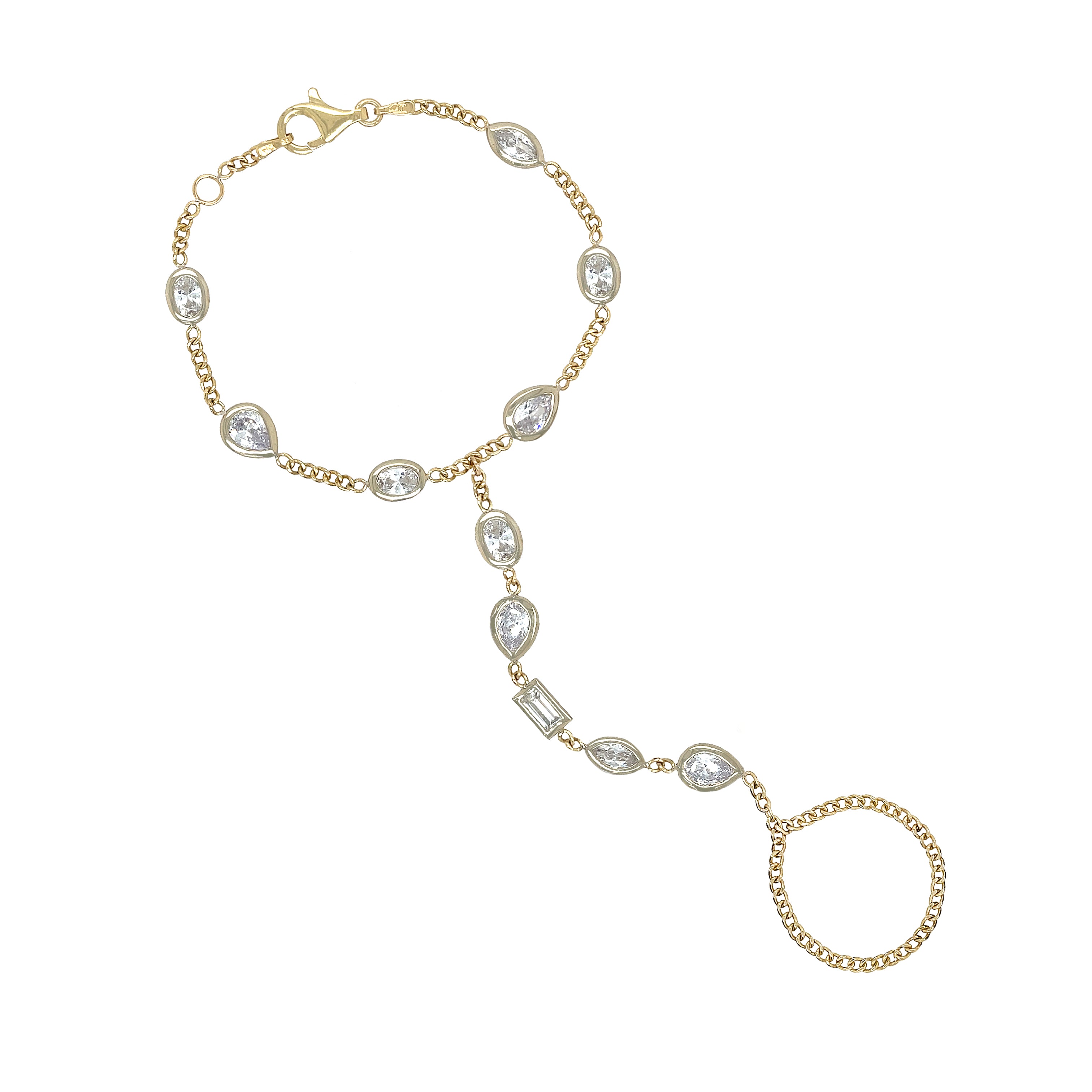 Multi-Shape Hand Chain Bracelet

14K Yellow &amp; White Gold
11 Cubic Zirconia Stones
7" Length

Due to popular demand, please allow up to 3 weeks for delivery.