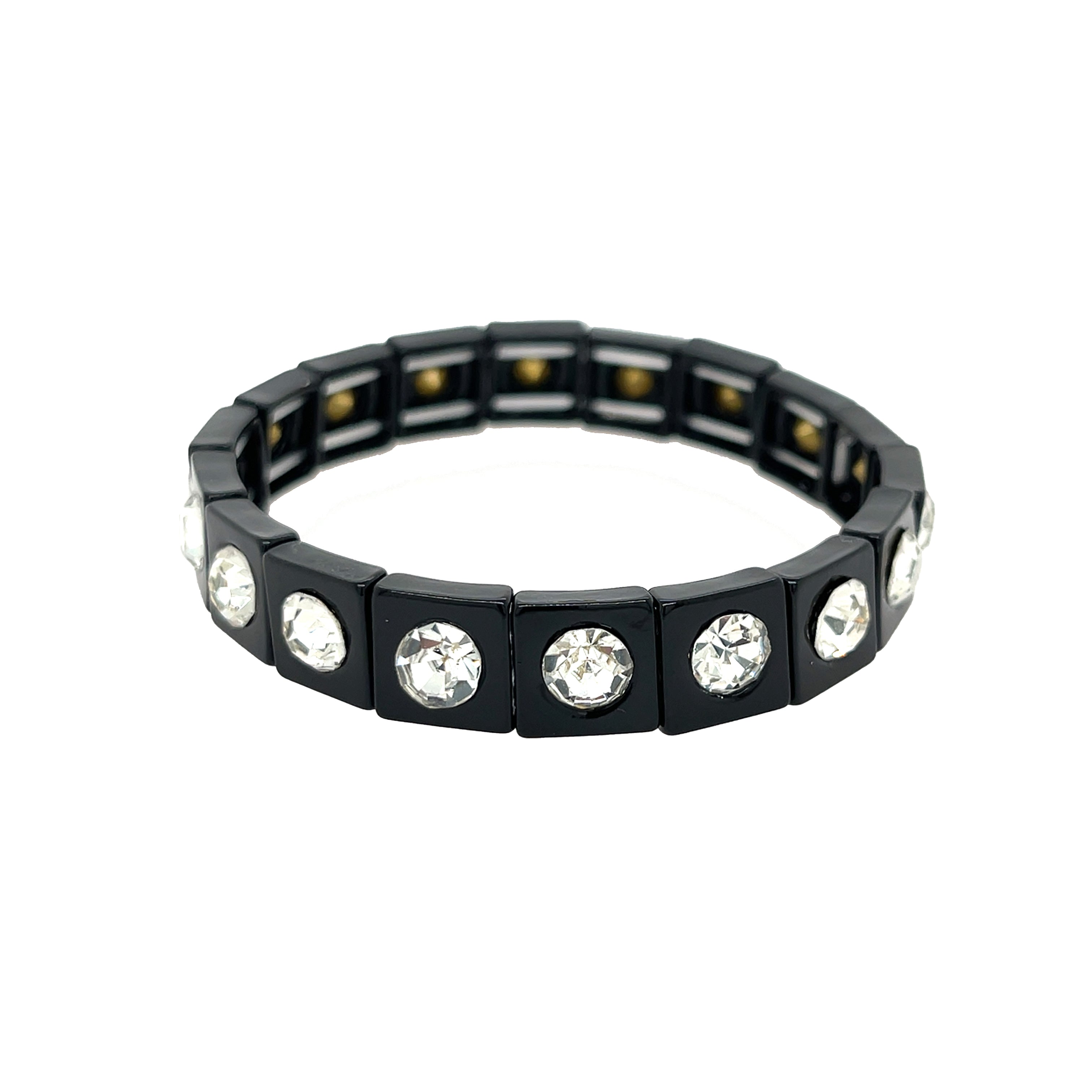 Black bracelet with embedded crystals on a white background