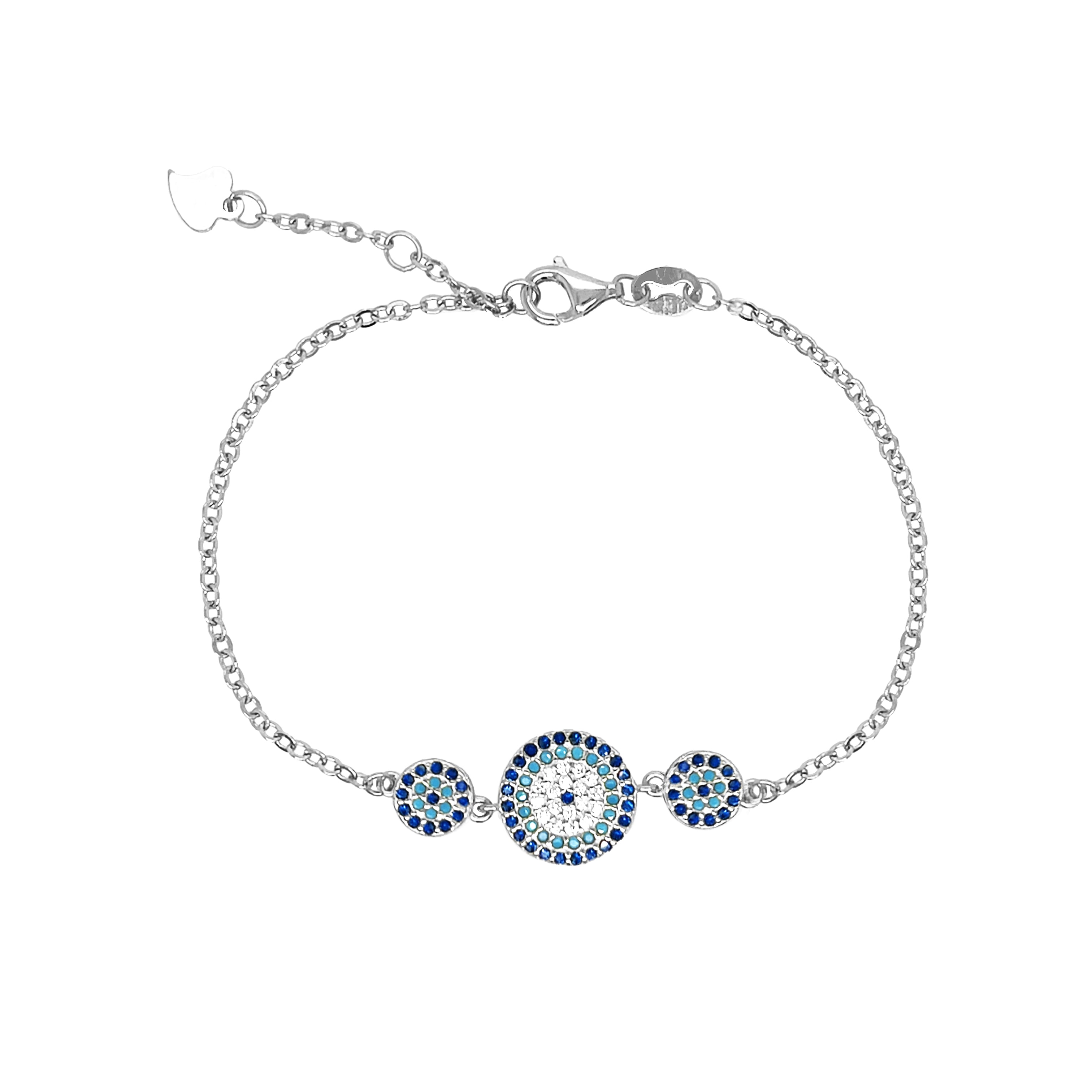 CZ Blue 3 Evil Eye Bracelet

White Gold Plated Over Silver
Evil Eyes: 1" Long

6.5-7.5" Adjustable Length

While supplies last. All Deals Of The Day sales are FINAL SALE.